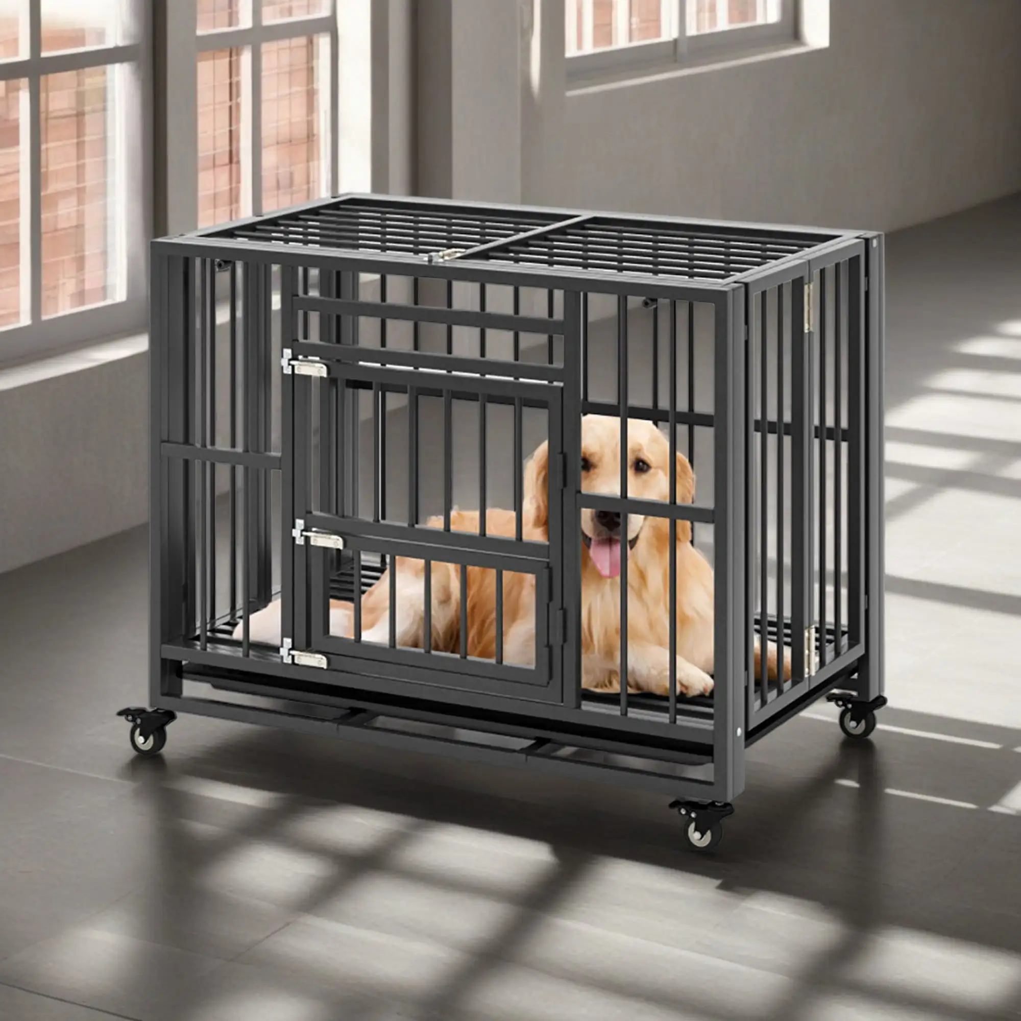 Pefilos 37 Foldable Heavy Duty Dog Cage. Metal Escape Proof Kennel. Chew-proof Dog Crates for Medium Dogs with Tray. Black