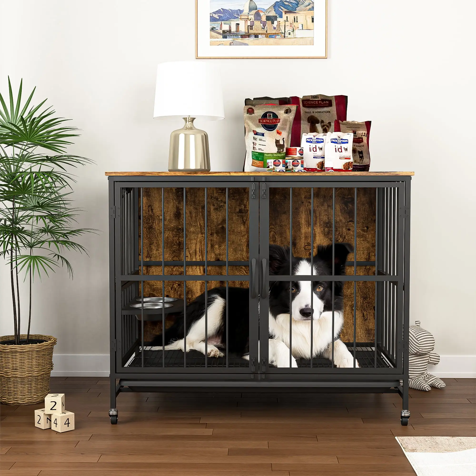 Pefilos 37 Furniture Style Dog Crate with Feeding Bowl. Wheels. Kennel with Removable Trays. Indoor Dog Cage Flip-Up Top Opening. Brown