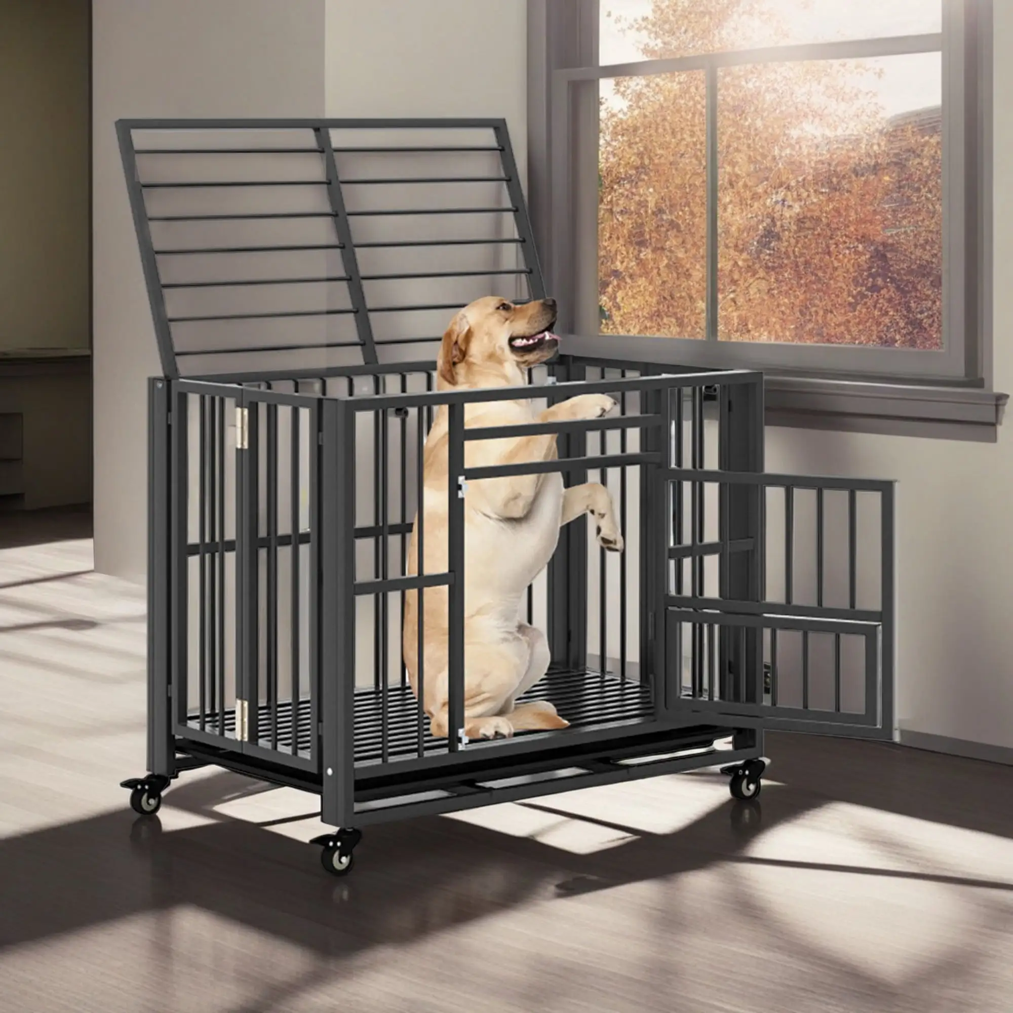 Pefilos 37 Heavy Duty Dog Cages with Tray. Metal Escape Proof Kennel with Lockable Wheels. Dog Crates for Medium Dogs. Indoor Rabbit Hutch. Black