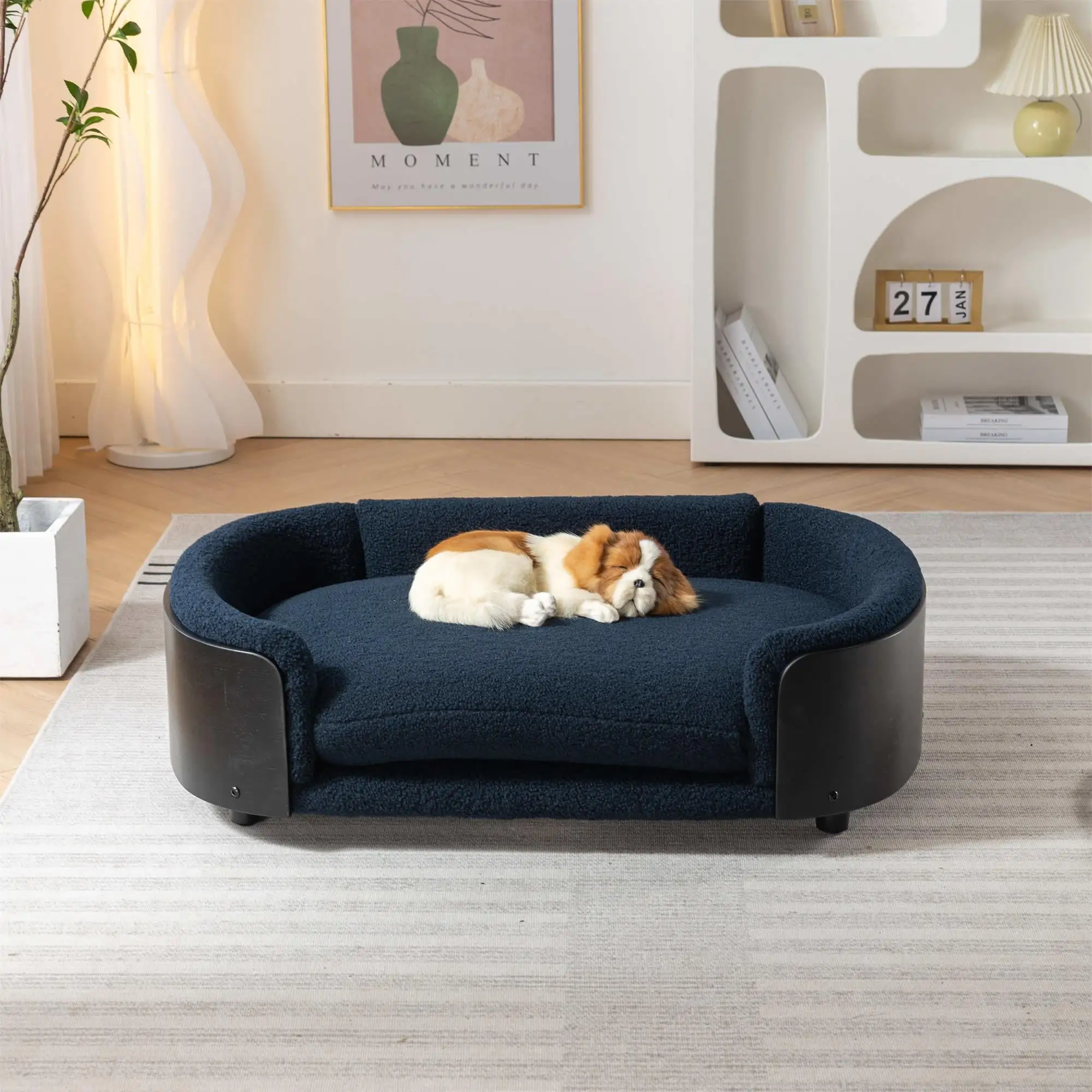 Pefilos 38 Elevated Pet Dog Bed with Solid Wood Legs and Black Bent Wood Back. Cashmere Cushion. Pet Sofa for Indoors Dogs. Dark Blue