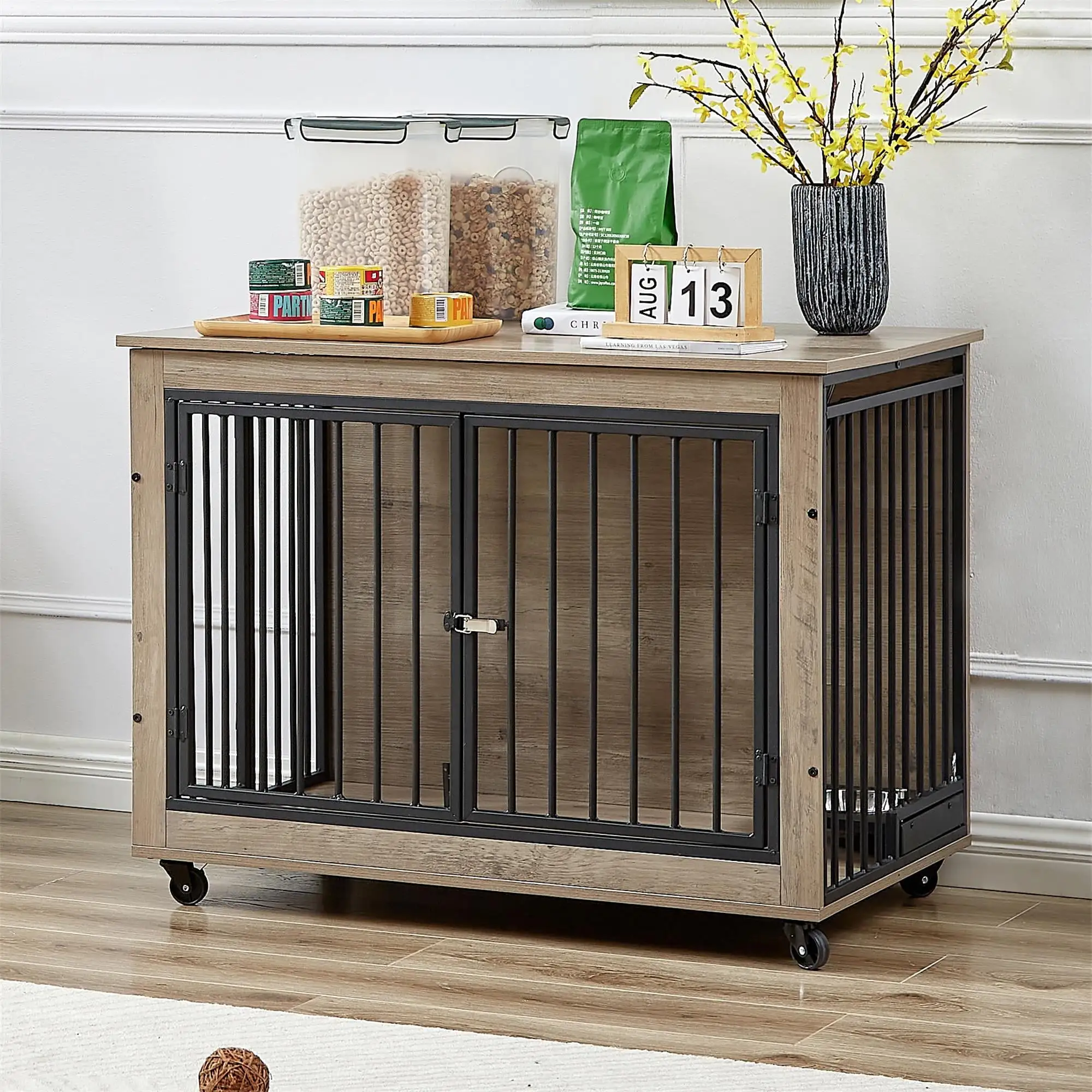 Pefilos 38 Furniture Style Dog Crate with Rotatable Feeding Bowl. Wheels. Three Doors Kennel. Indoor Dog Cage Flip-Up Top Opening. Gray