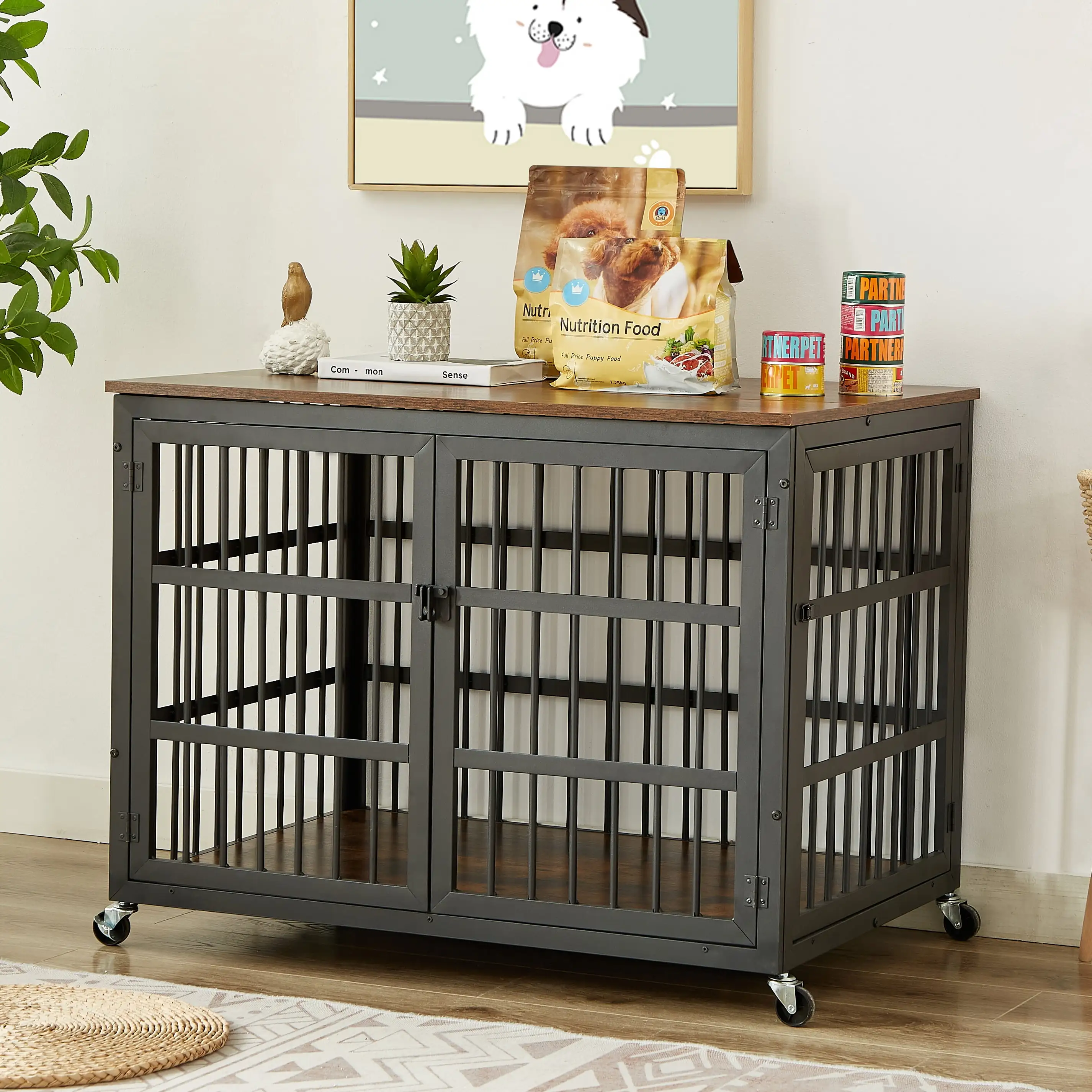 Pefilos 38 Heavy Duty Dog Crate for Small Dogs. Furniture Style Dog House with Wheels. Indoor Dog Cage Wrought Iron Frame Door with Side Openings. Brown