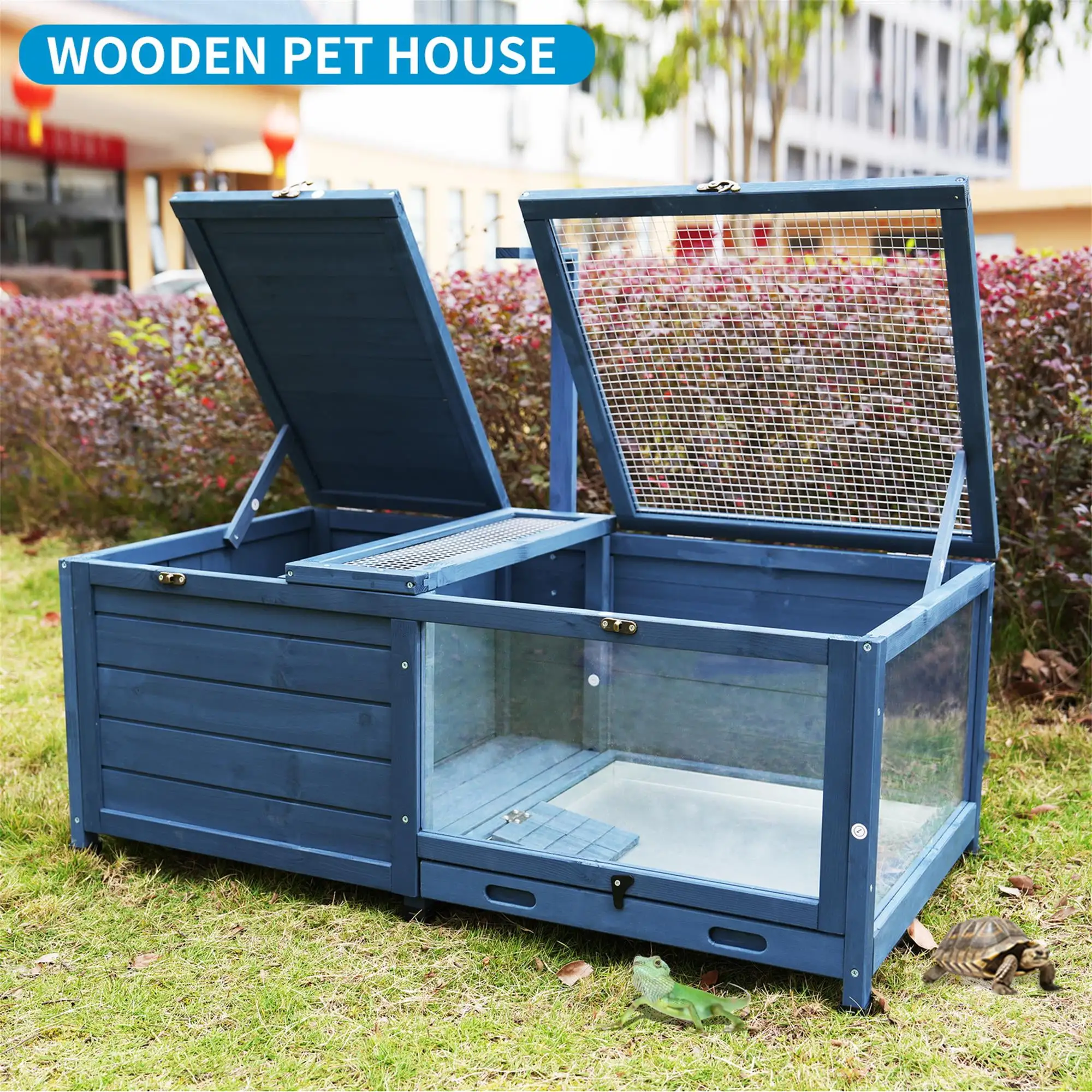 Pefilos 40 Wood Tortoise House with Removable Waterproof Tray. Guinea Pig House for Indoor. Leak Proof Design Tortoise Habitat. Blue