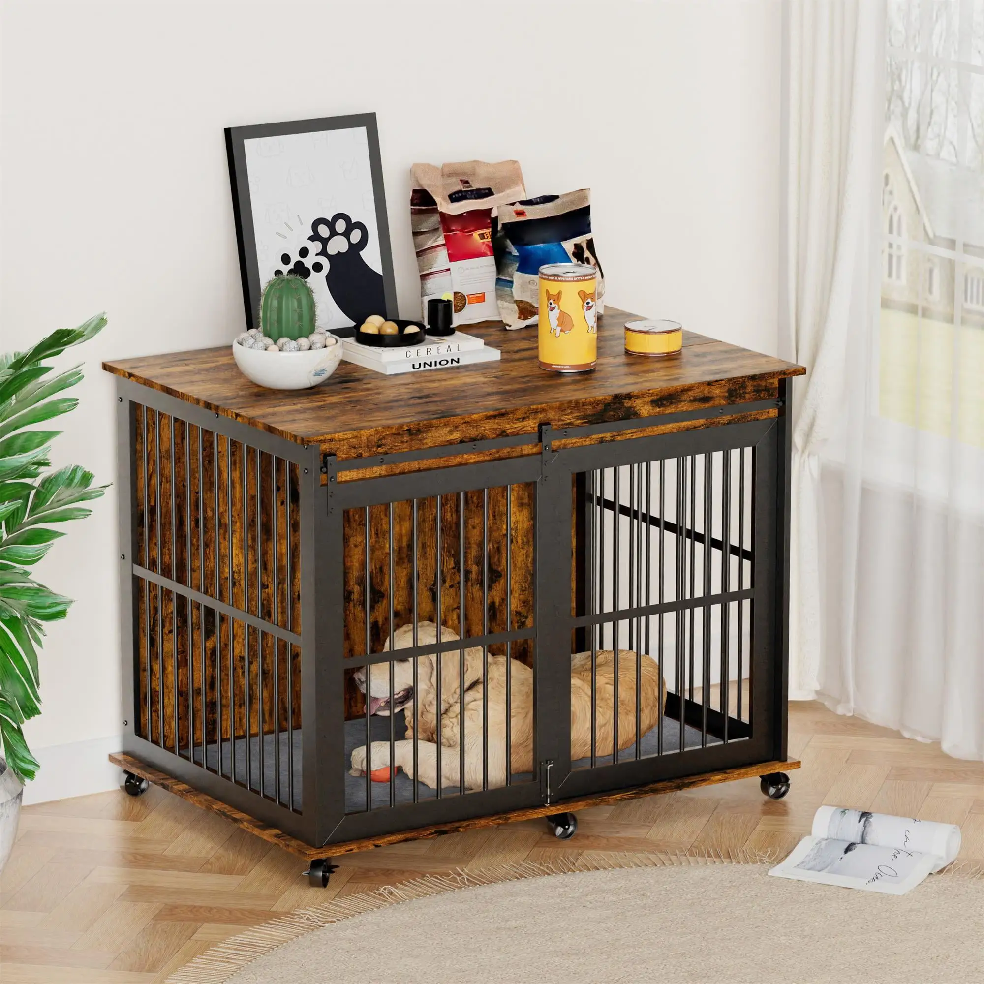 Pefilos 43 Heavy Duty Dog Crate for Medium Dogs. Furniture Style Dog House with Wheels. Indoor Dog Cage Sliding Iron Door with Mat. Brown