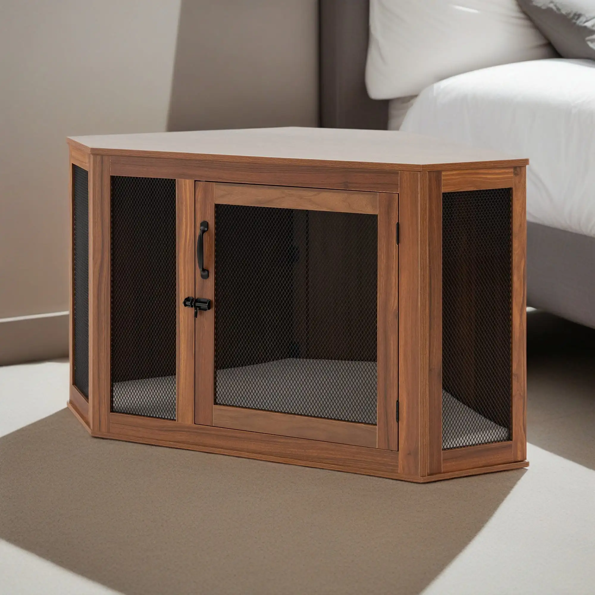 Pefilos 44 Furniture Corner Dog Crate. Dog Kennel with Wood and Mesh. Dog House. Pet Crate Indoor Use. Brown