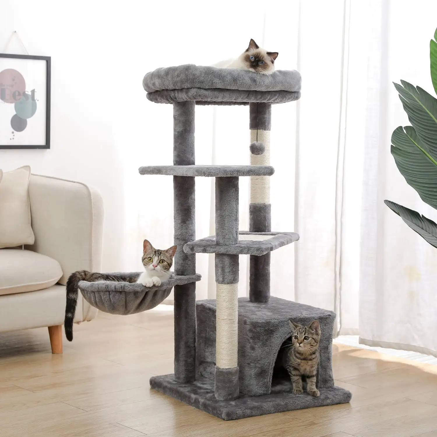 Pefilos 44 Multi-Level Modern Cat Tower for Indoor Cats with Scratching Post. Cozy Condo. Top Perch. Hammock and Dangling Ball For Small to Medium Cat Tree Tower for Adult Cats. Gray