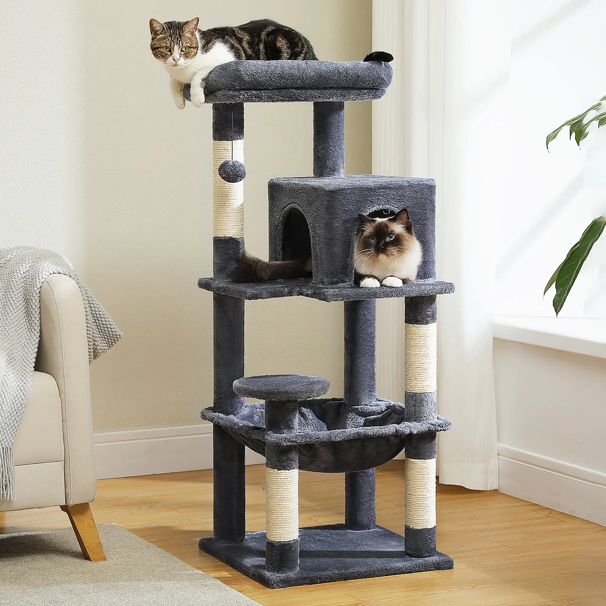 Pefilos 45 Cat Tree Tower for Indoor Cats. 5-Level Cat Condo for Large Cats with Large Hammock. Big Top Perch and 4 Sisal Covered Scratching Pos. Dark Gray