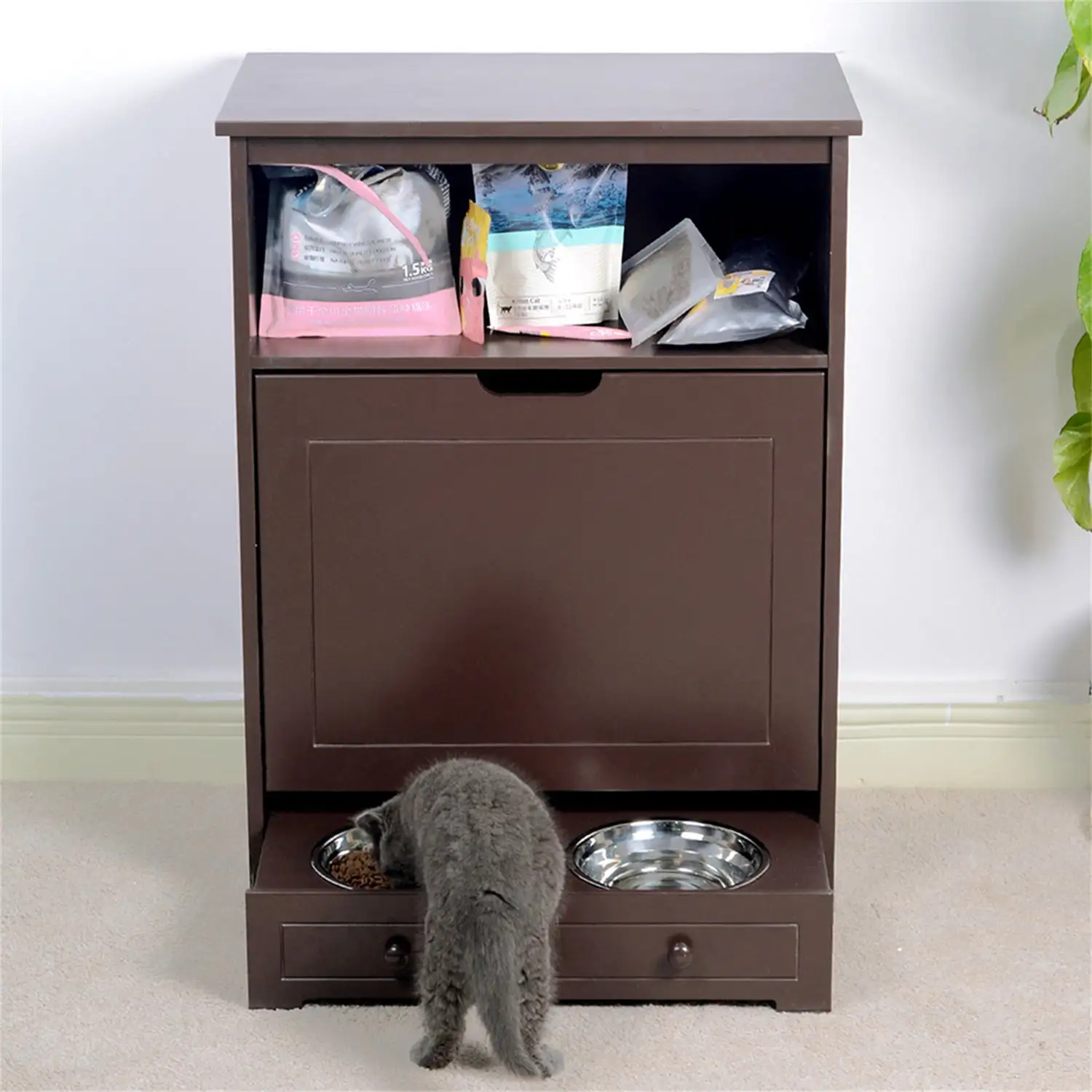 Pefilos 45lb Dog Food Storage Cabinet. Pet Feeding Station Furniture with 2 Bowls.Pet Dog and Cat Toy Storage Containers Organizer Double Pull Out Dog Bowl. Pet Food Cabinet. Brown