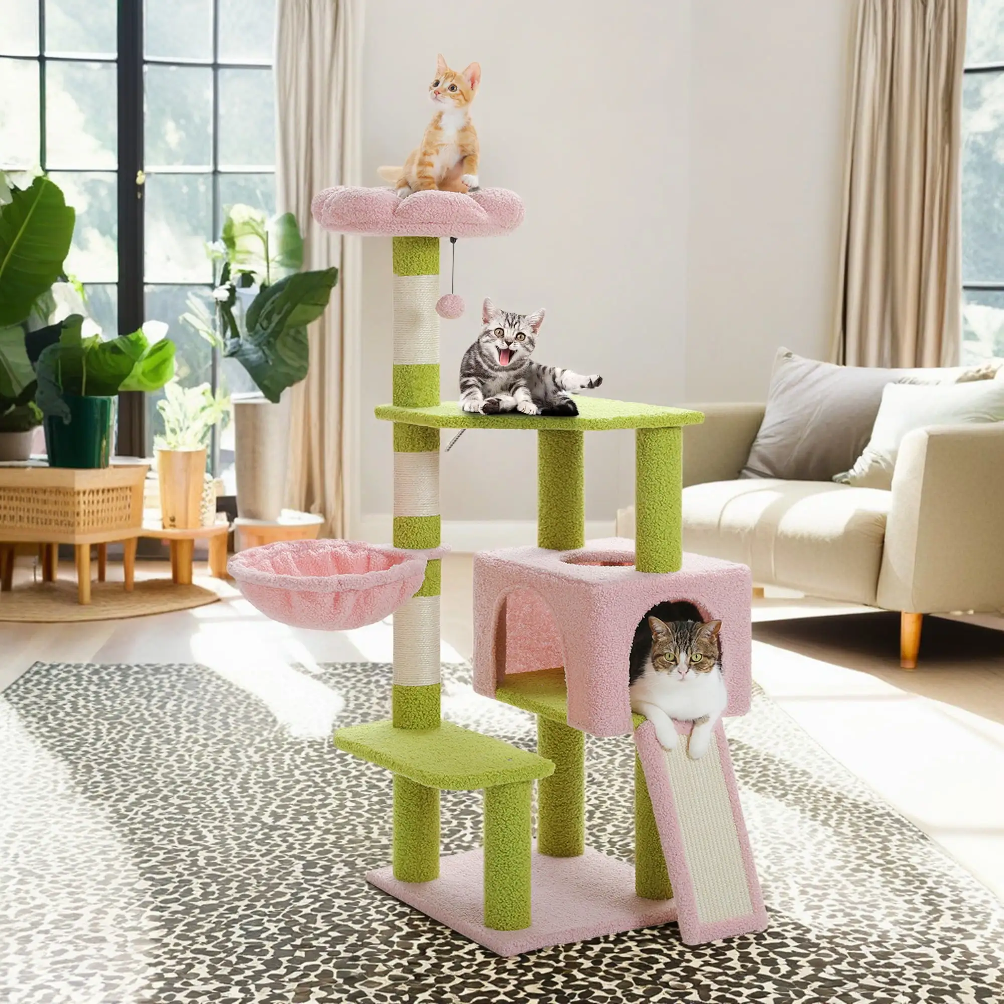 Pefilos 47 Cat Tree House for Indoor Cats. Cat Condo with Sisal Scratching Posts. Cat Tower with Pink Top Perch for Kittens. Pink