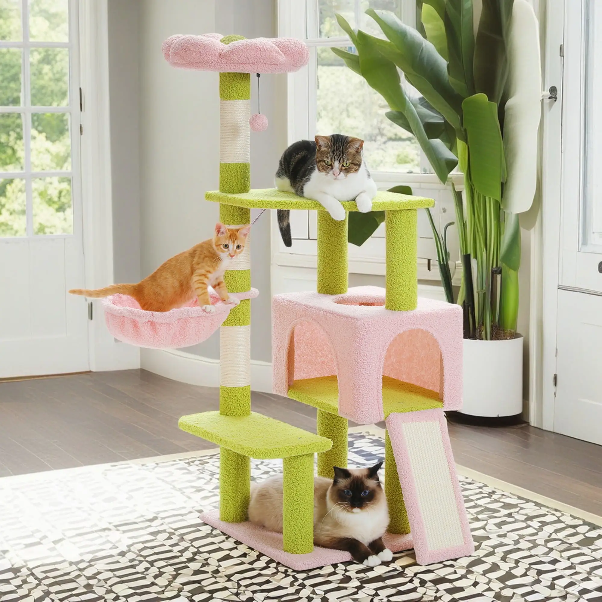 Pefilos 47 Flower Cat Tree Tower for Indoor Cats. Cat Condo with Pink Top Perch for Kittens. Cat Tree House with Sisal Scratching Posts. Pink