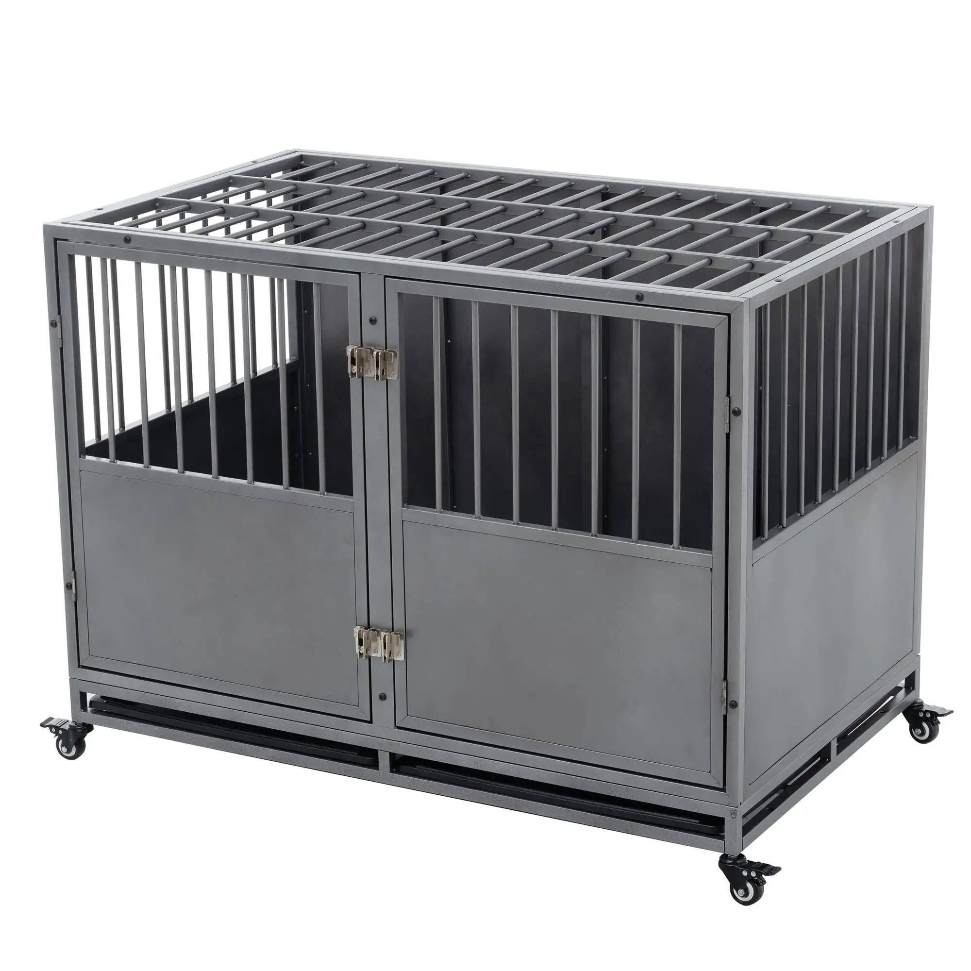 Pefilos 47 Heavy Duty Dog Crate Pet Cages with Tray. Movable Wheels. Dog House Rabbit Hutch for Indoor Use. Silver