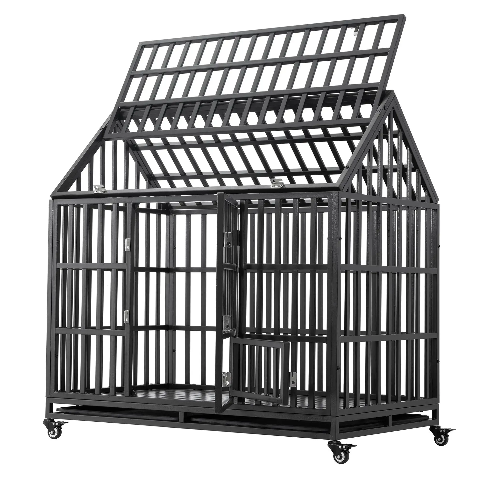 Pefilos 47 Heavy Duty Dog Crate for Indoor Dogs. Kennel with Tray and 4 Lockable Wheels. Pet Cage for Large Dogs. Black