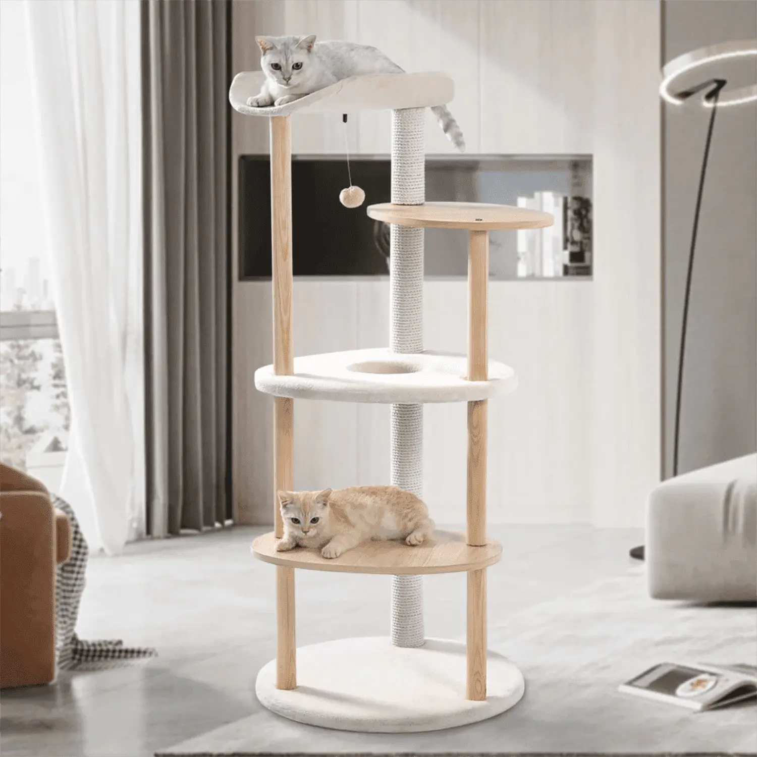 Pefilos 49 Inches Multi-Level Cat Tree Modern Cat Tower Wooden Activity Center with Scratching Posts Cat Tree Tower for Indoor Cats. Beige