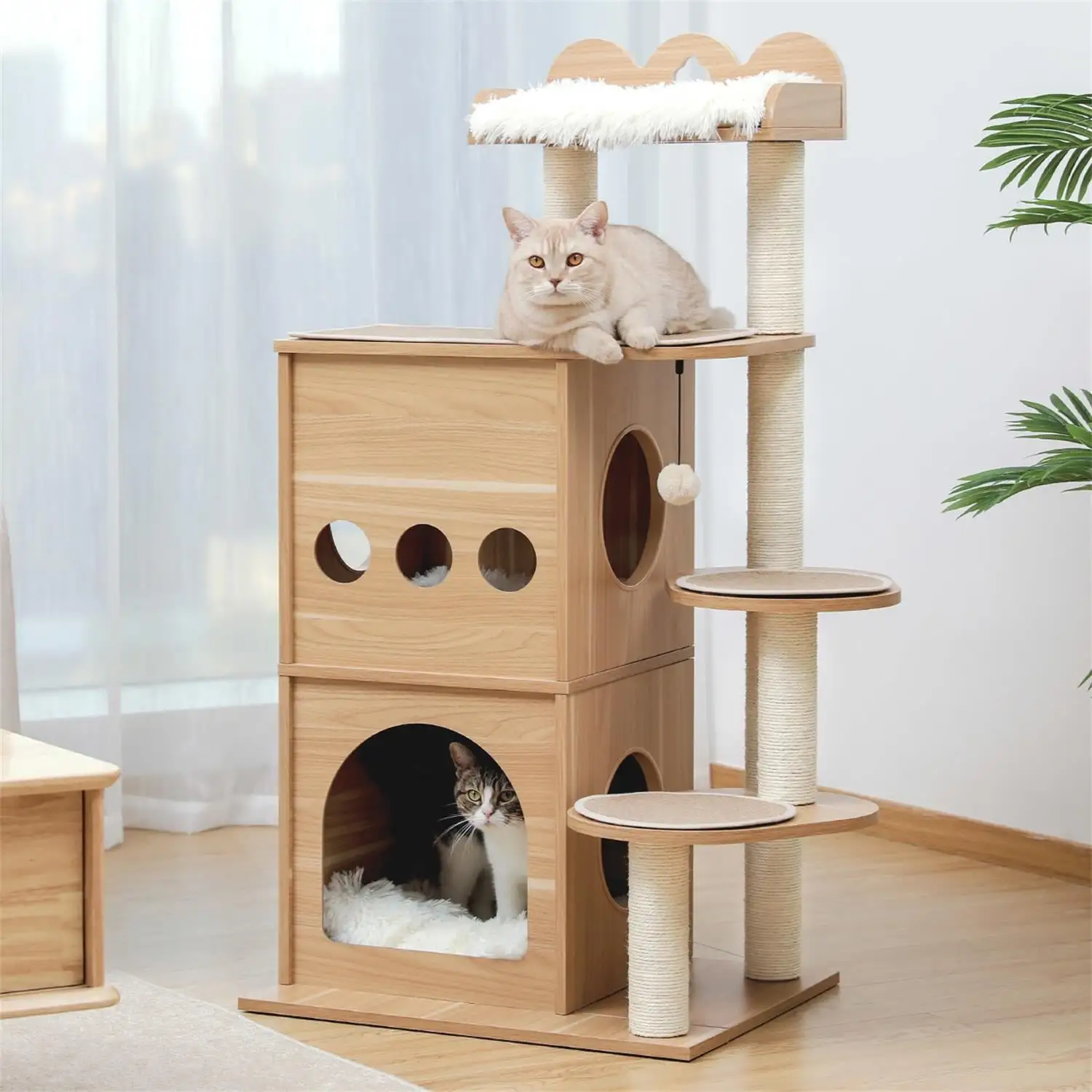 Pefilos 51 Cat Tower for Large Cats Modern Wooden Cat Tree Multi-Level Cat Tree Tower Cat Sky Castle with Cozy Cat Condos. Beige