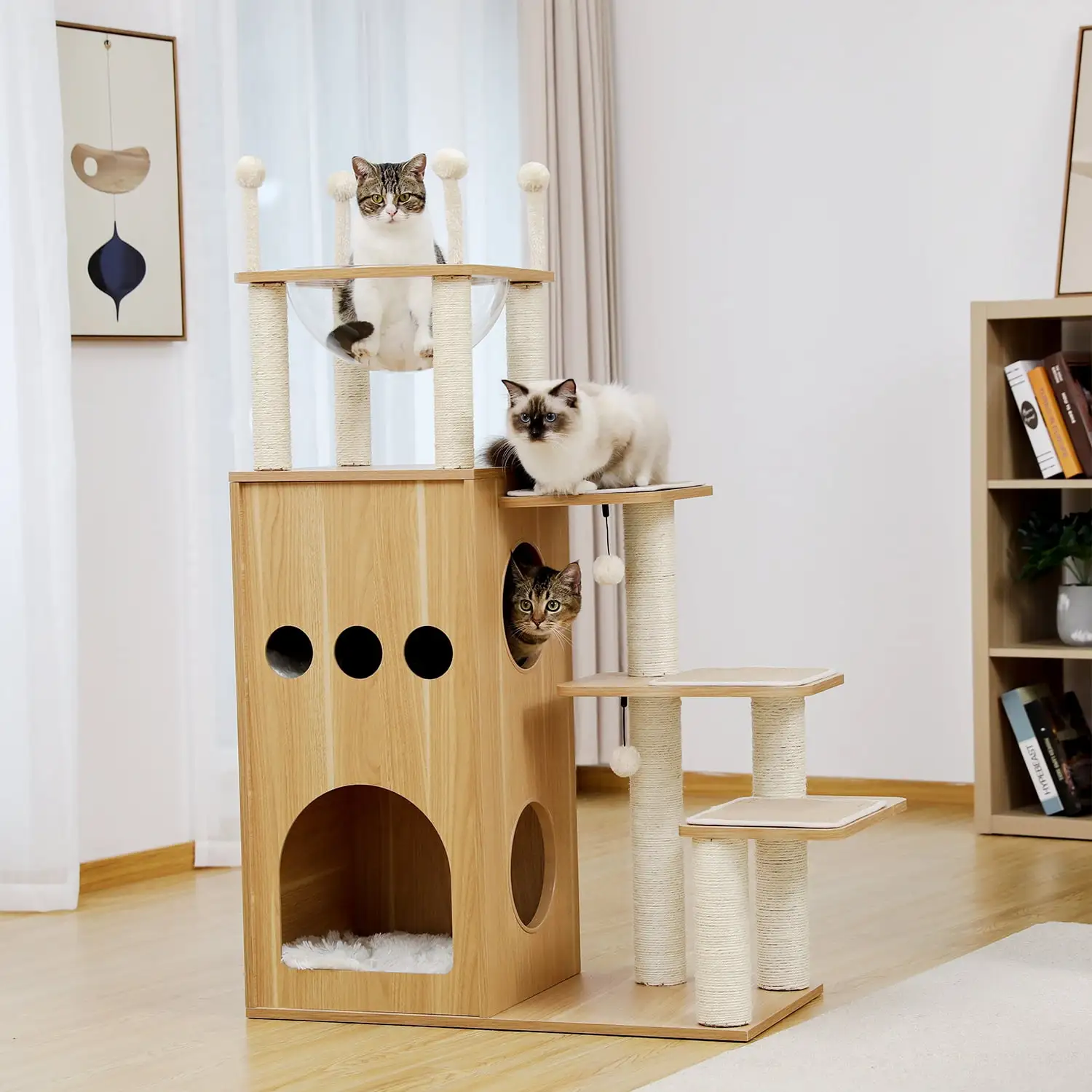 Pefilos 51 Modern Wooden Cat Tree for Indoor Cats Multi-Level Cat Tower With Fully Sisal Covering Scratching Posts. Deluxe Condos for Multiple Cats And Large Space Capsule Nest