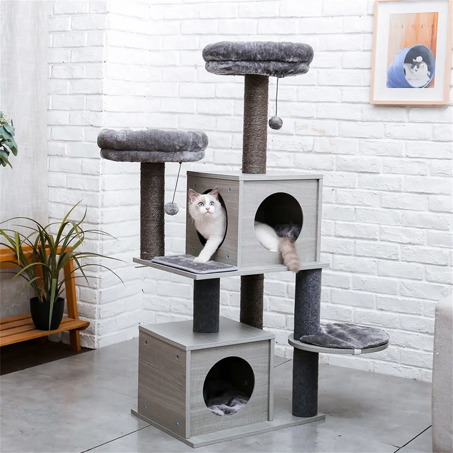 Pefilos 55 Wooden Cat Condo for Multiple Cats Modern Cat Tower with 2 Super Large Condo. Cat Tree House with Removable Soft Perches Cat Tree Tower for Indoor Cats. Gray