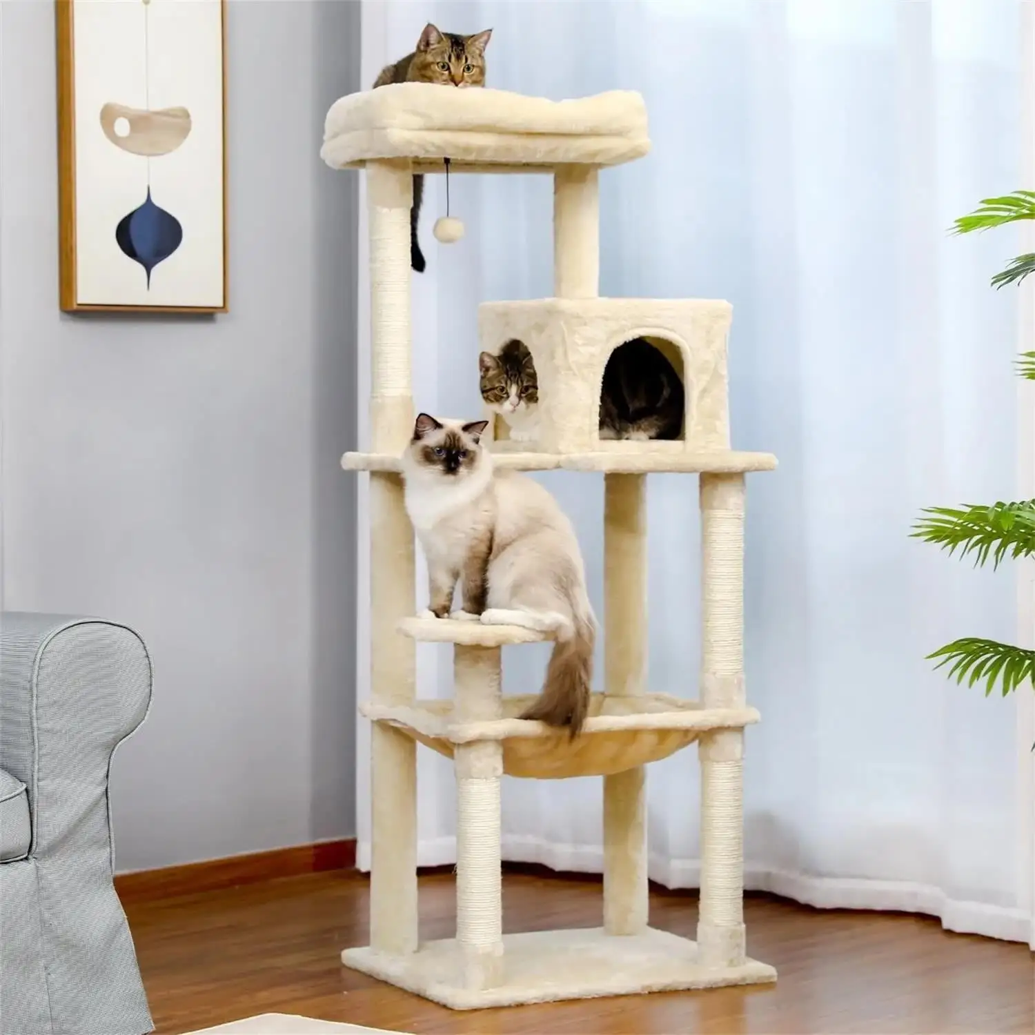 Pefilos 56 Inches Cat Tree for Indoor Cats Multi-Level Cat Tower with Sisal Covered Scratching Posts. Cozy Cat Condo. Super Large Hammock and Plush Perches Cat Tree House for Large Cats. Beige