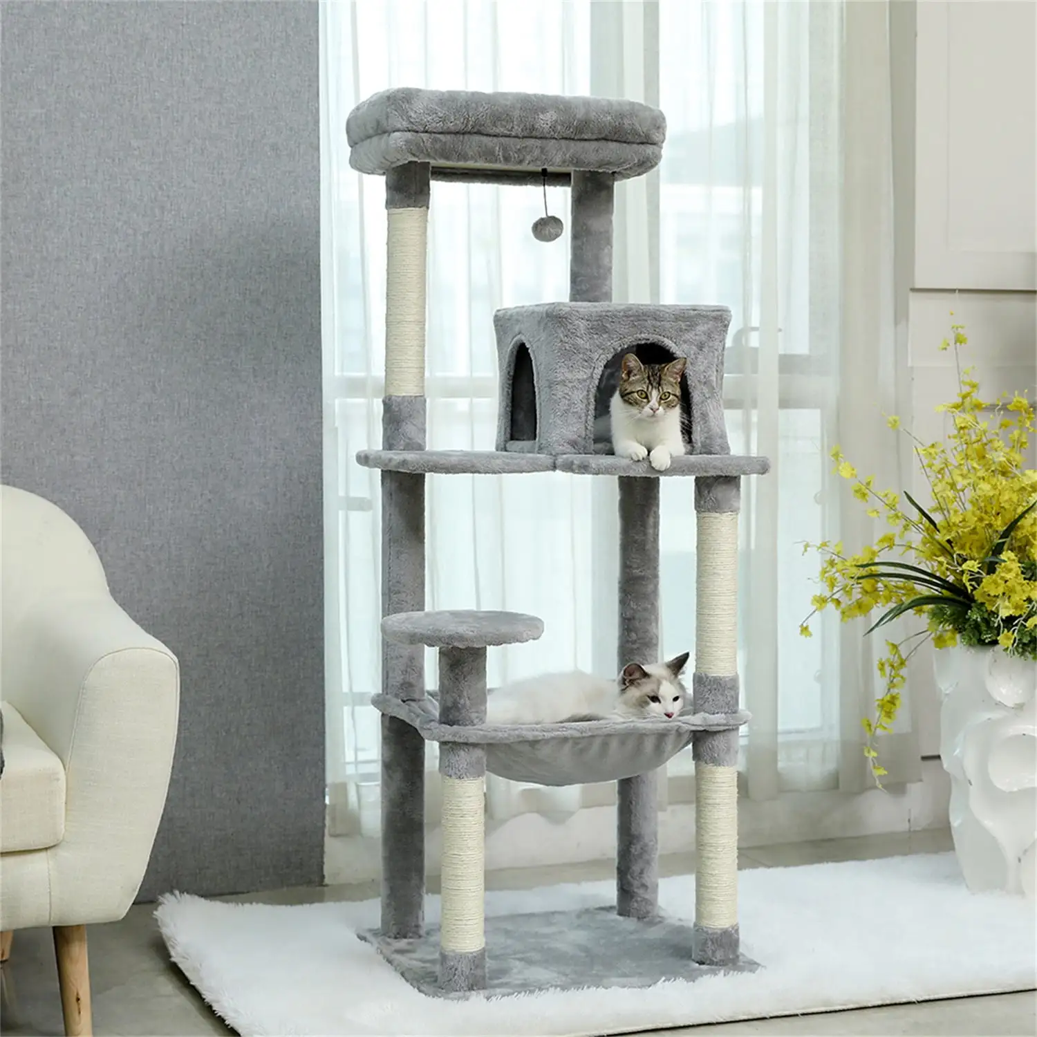 Pefilos 56 Wooden Cat Tower House for Large Cats Cat Tree for Indoor Cats with Cozy Cat Condo. Super Large Hammock and Plush Perches. Gray