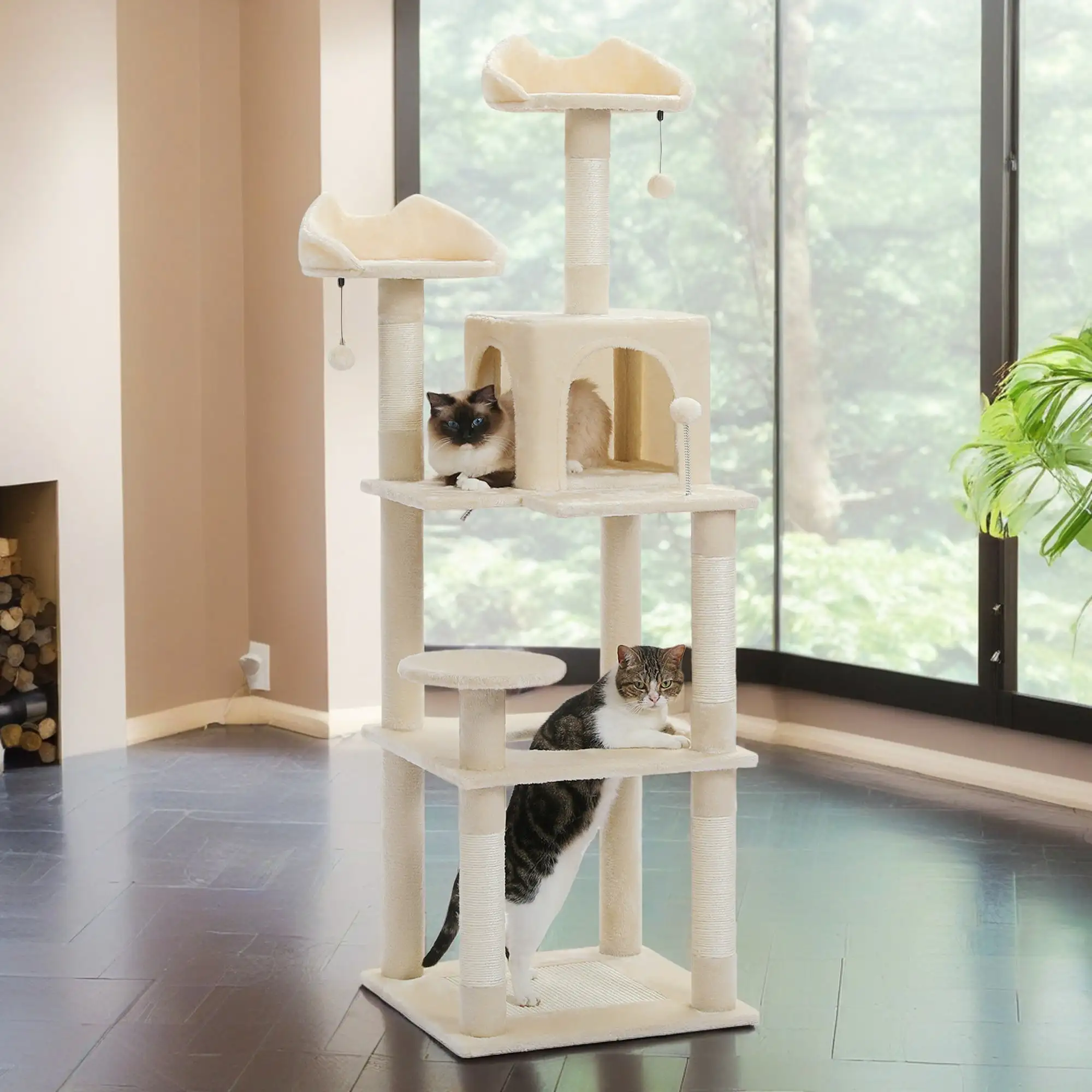 Pefilos 57 4 Levels Platform Cat Tree House. Cat Condo for Large Cats with Fully Scratching Posts. Cat Tower for Indoor. Beige