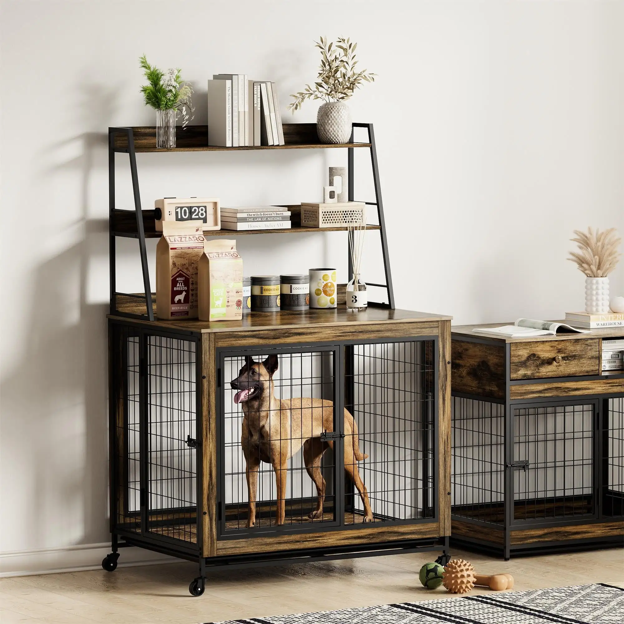 Pefilos 59 Wooden Dog Crates Furniture for Small Dog. Heavy Duty 3 Doors Dog Kennel. Indoor Dog Cages with 3-Layer Storage Shelf. Brown