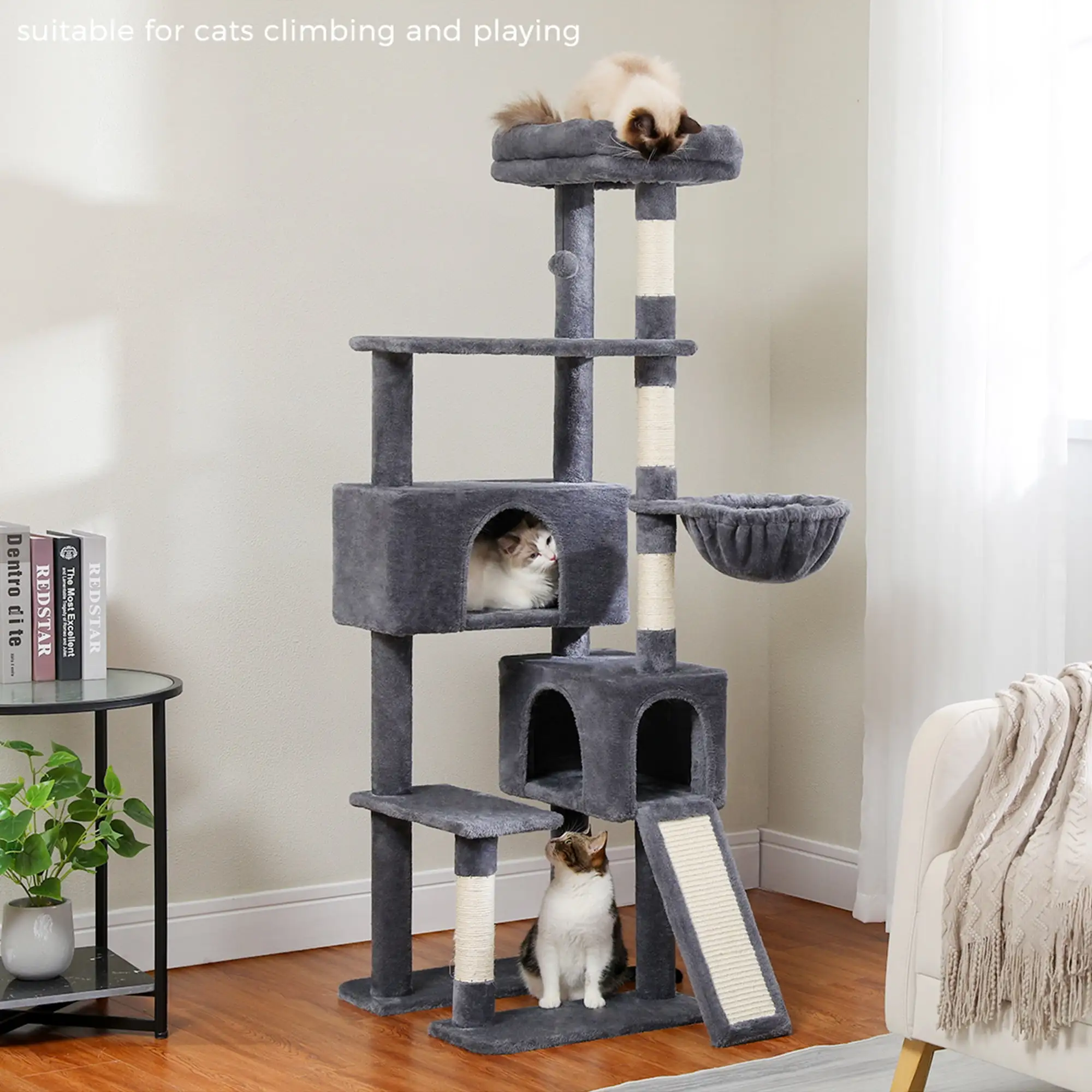 Pefilos 60 Cat Tree for Large Cats. Indoor Cat Tower for Cozy Plush Perches Multi-Level Cat Condo Play House. Gray