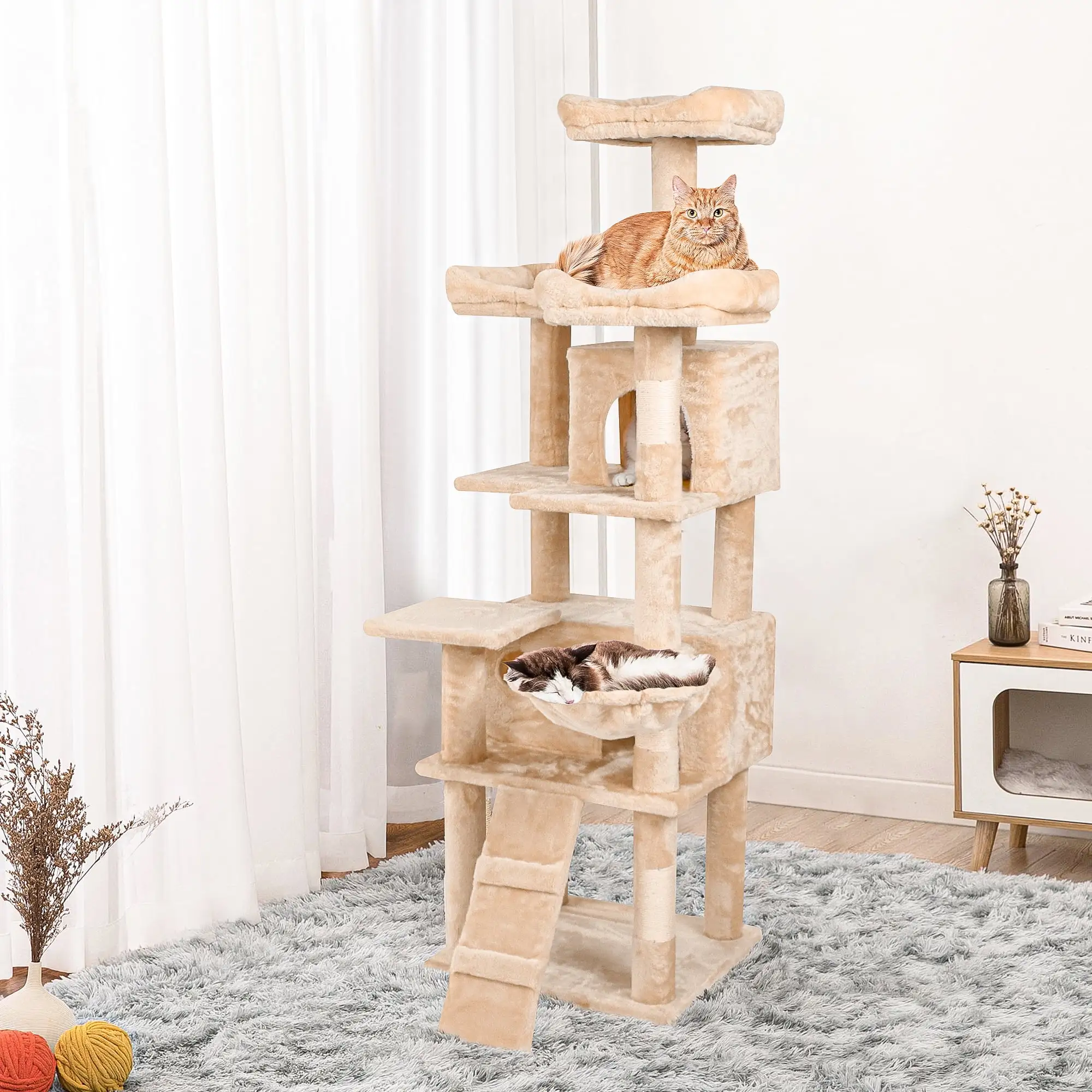 Pefilos 63 Cat Condo for Large Cats 20 lbs. Cat Tree Tower for Indoor Cats. Pet Club Cat Tree House Furniture. Beige