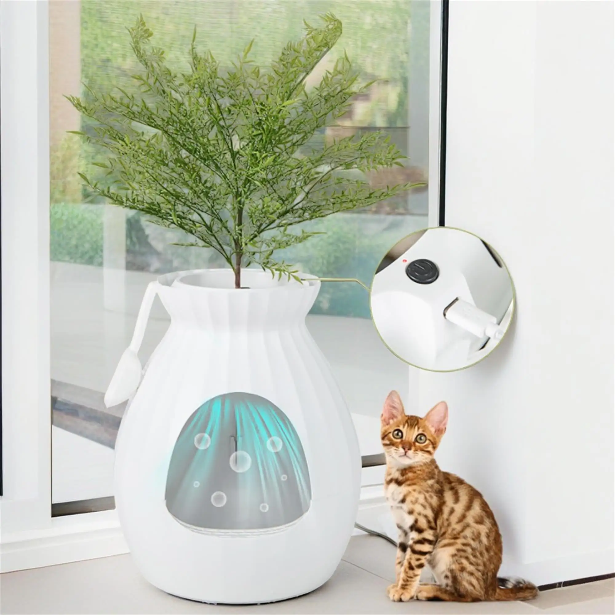 Pefilos 63L Smart Plant Cat Litter Box Enclosure Furniture with Electronic Odor Removal System. Hidden Cat House Washroom with Detachable Door Curtain. Scoop. White