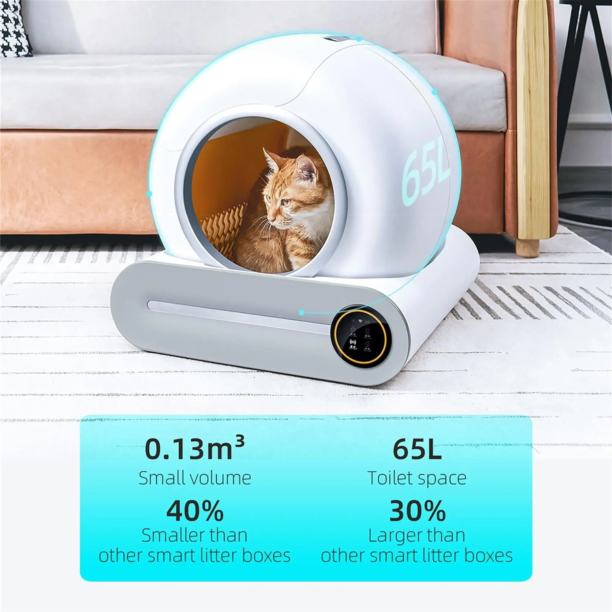 Pefilos 65L Large Capacity Smart Self-Cleaning Cat Litter Box. APP Control/Ionic Deodorizer for Multiple Cats Automatic Cat Litter Cleaning Robot. White