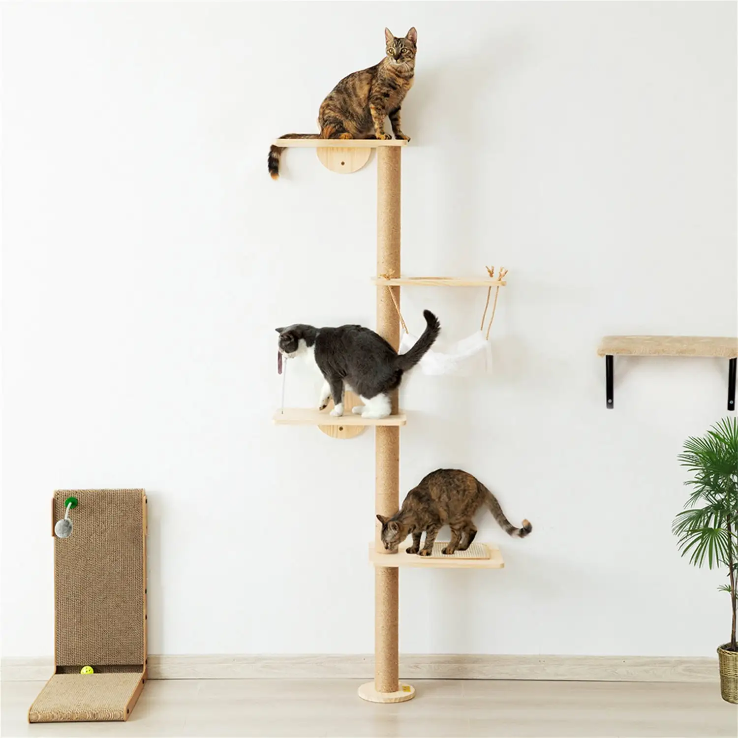 Pefilos 69 Wall Mounted Cat Tree for Indoor Cats 4-Tier Floor Tall Kitty Climbing Activity Center with Scratching Post. Cat Tree Tower with Hammock. Dangling Ball Upgraded. Beige