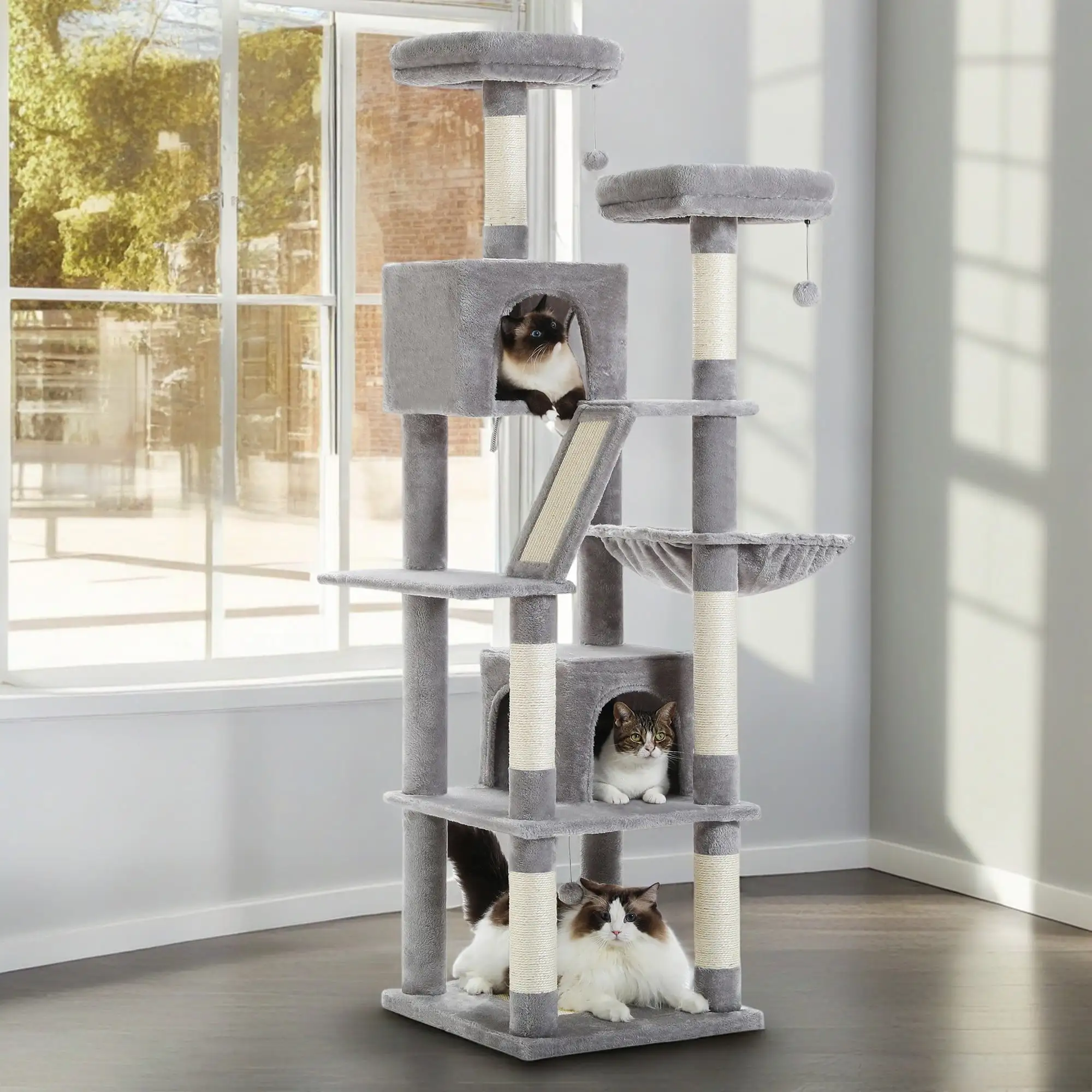 Pefilos 70 Large Cat Tree for Indoor Cats. Multi-Level Cat Tower Cat Scratching Post with 2 Perches. 2 Condos. Hammock and 2 Pompoms. Gray