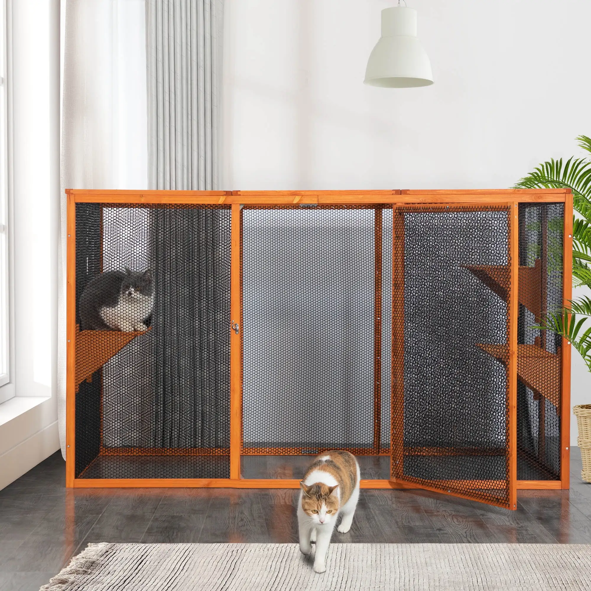 Pefilos 71 Cat Houses for Outdoor Cats. Kitty Enclosure with Waterproof Roof and 3 Jumping Platforms. Detachable Wood Cat Cage Condo. Indoor Catio Playpen. Orange