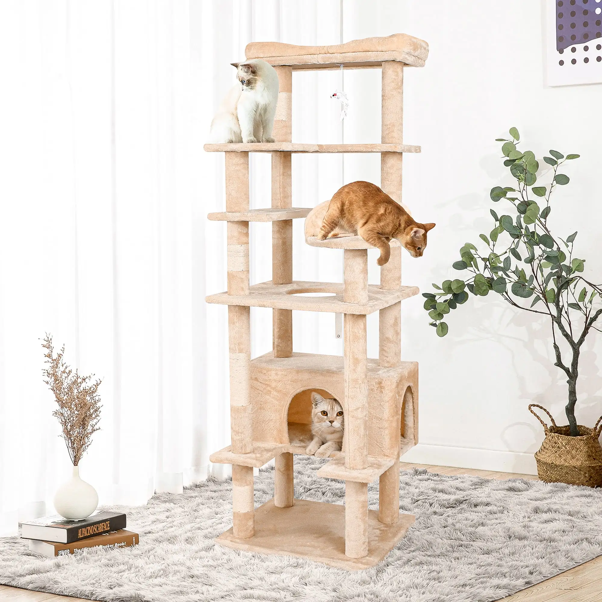 Pefilos 71 Cat Trees Tower for Large Cats. Indoor Anti-Dumping Pet Activity Cat Condo Furniture. Play House Kitty Kitten. Beige