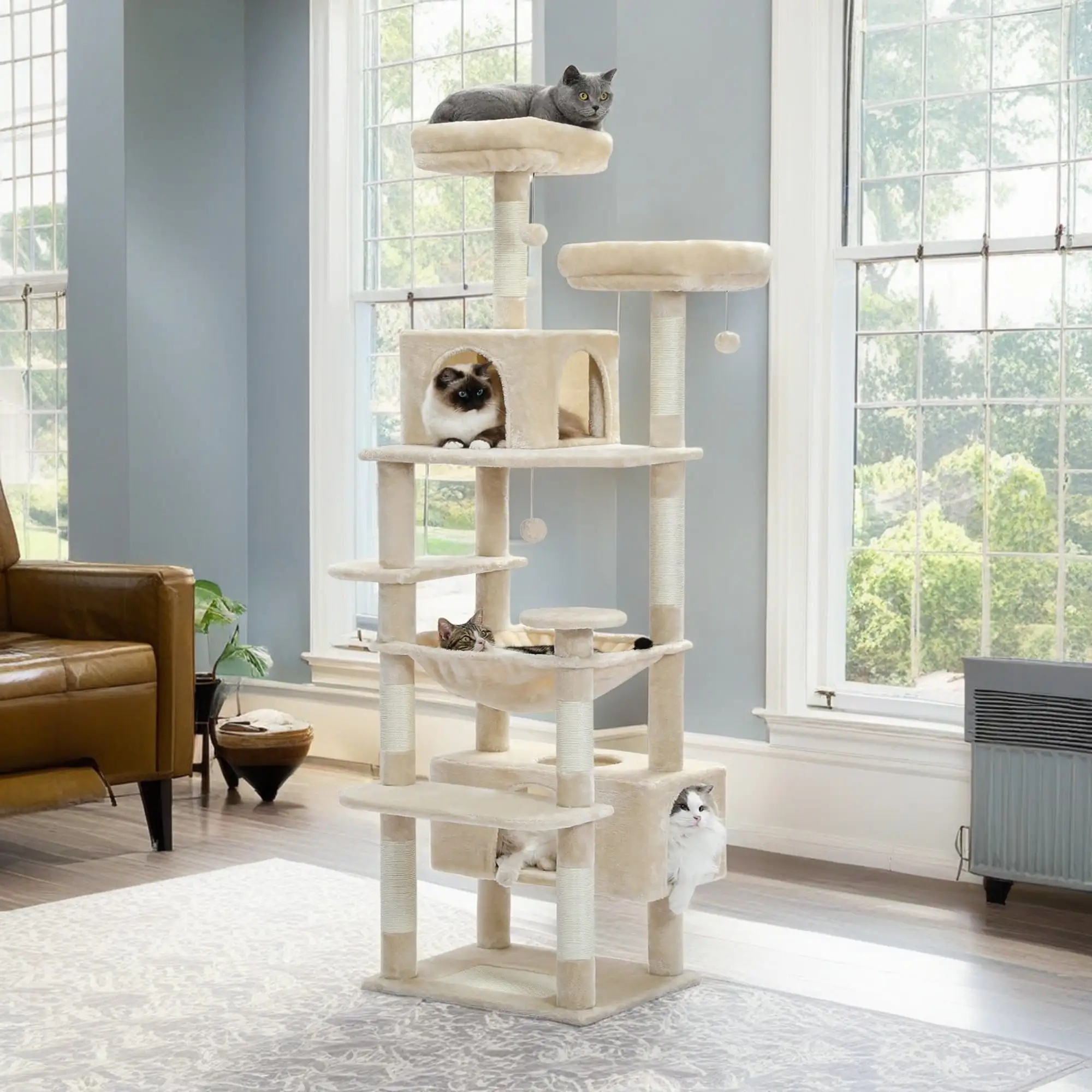 Pefilos 72 Large Cat Tree Tower with Sisal Scratching Post. Indoor Cat Condo for Big Cat Maine Coon. Beige