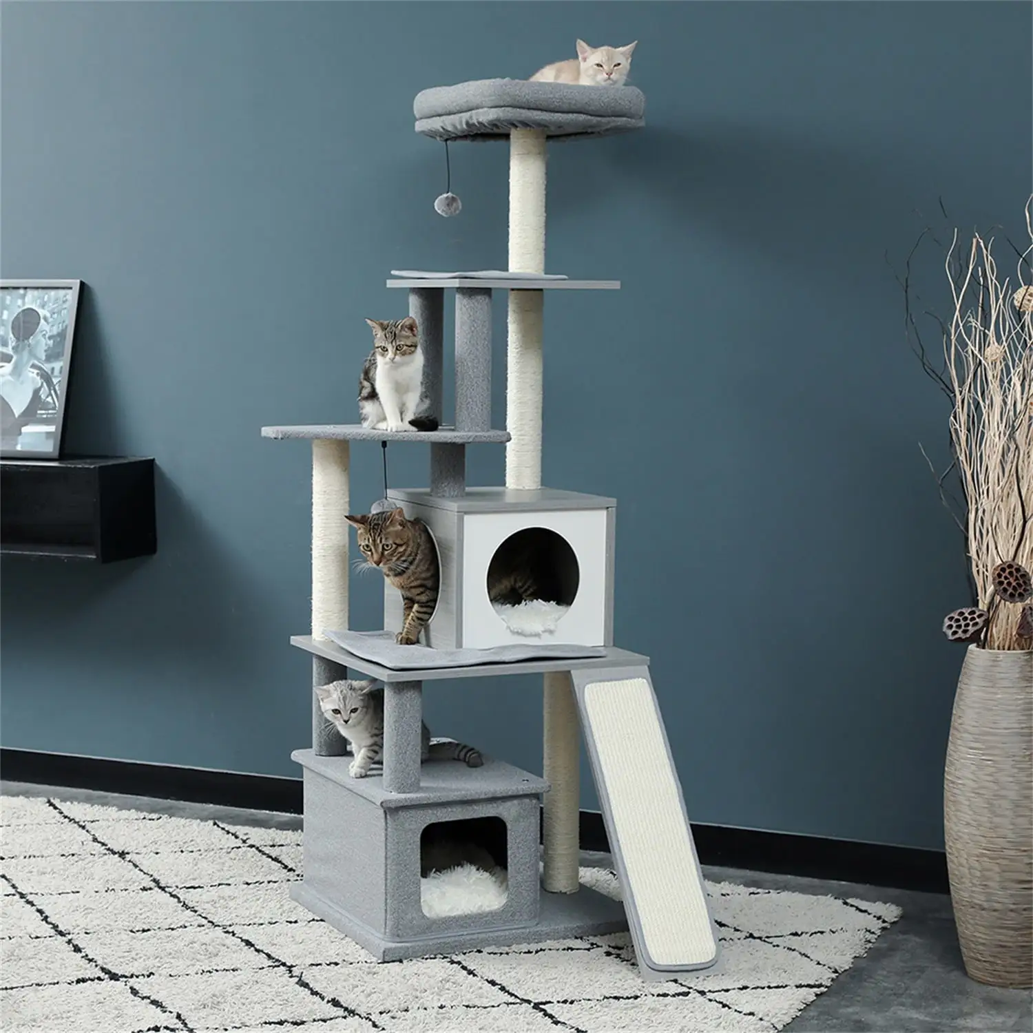 Pefilos Cat Tree Houses for Indoor Cats Modern Grey Cat Tower. Multi-Level Tall Large Wood Condo for Outdoor Cats. Cat Condo for Adult Cats Furniture Cat Tower for Big Cats