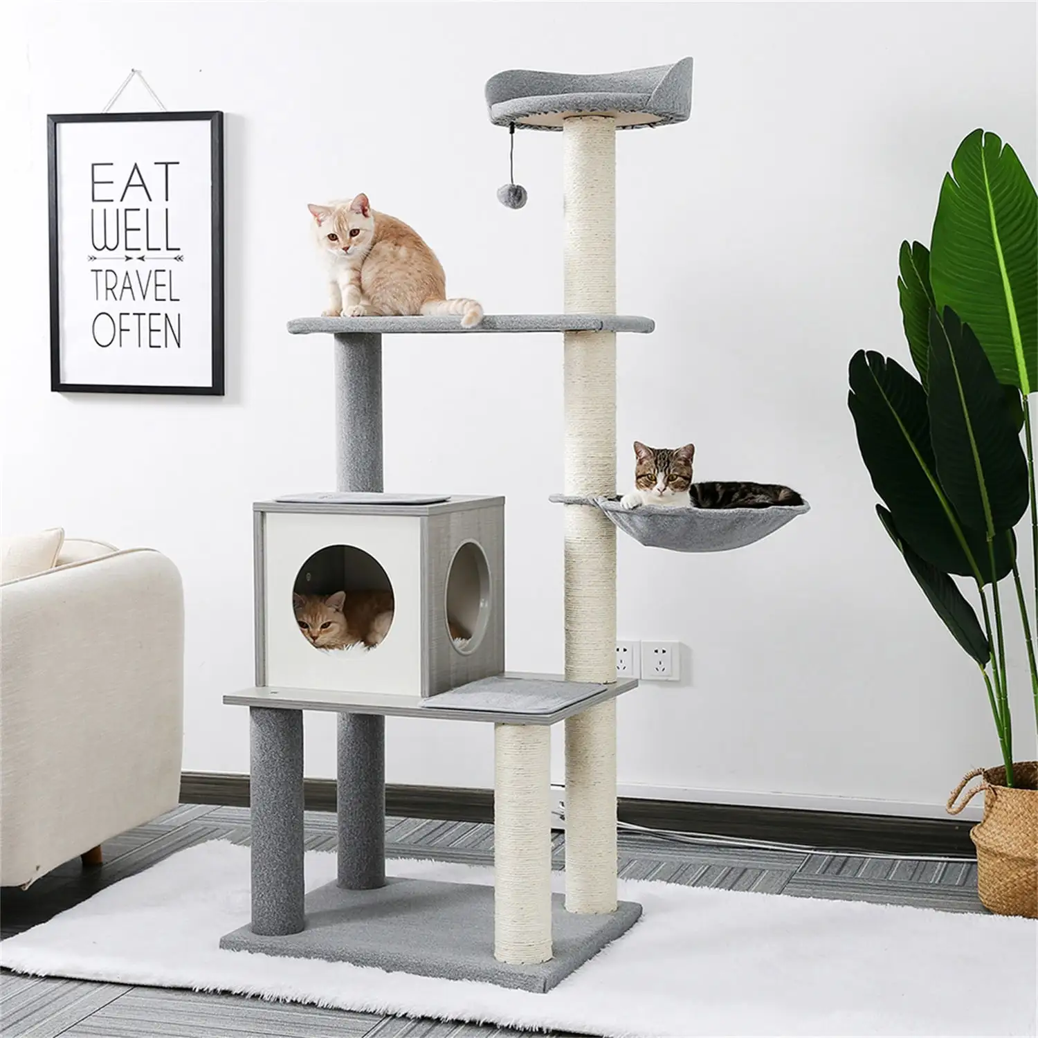 Pefilos Cat Tree Cat Tower for Indoor Cats 61'' Modern Wood Cat Condo for Adult Cats with Scratching Post for Large Cats Climbing. Multi-Level Tall Cat Tower Tree House. Gray