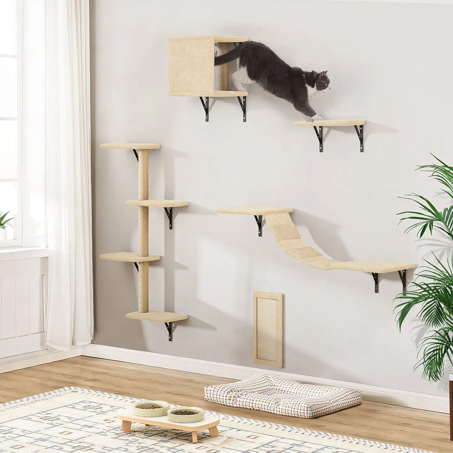 Pefilos Cat Wall Shelves and Perches Set. Cat Tower for Adult Cats Mounted Cat Tree House for Indoor Cats Modern Furniture for Cat Sleeping Playing Lounging Climbing Cat Tree for Large. Beige