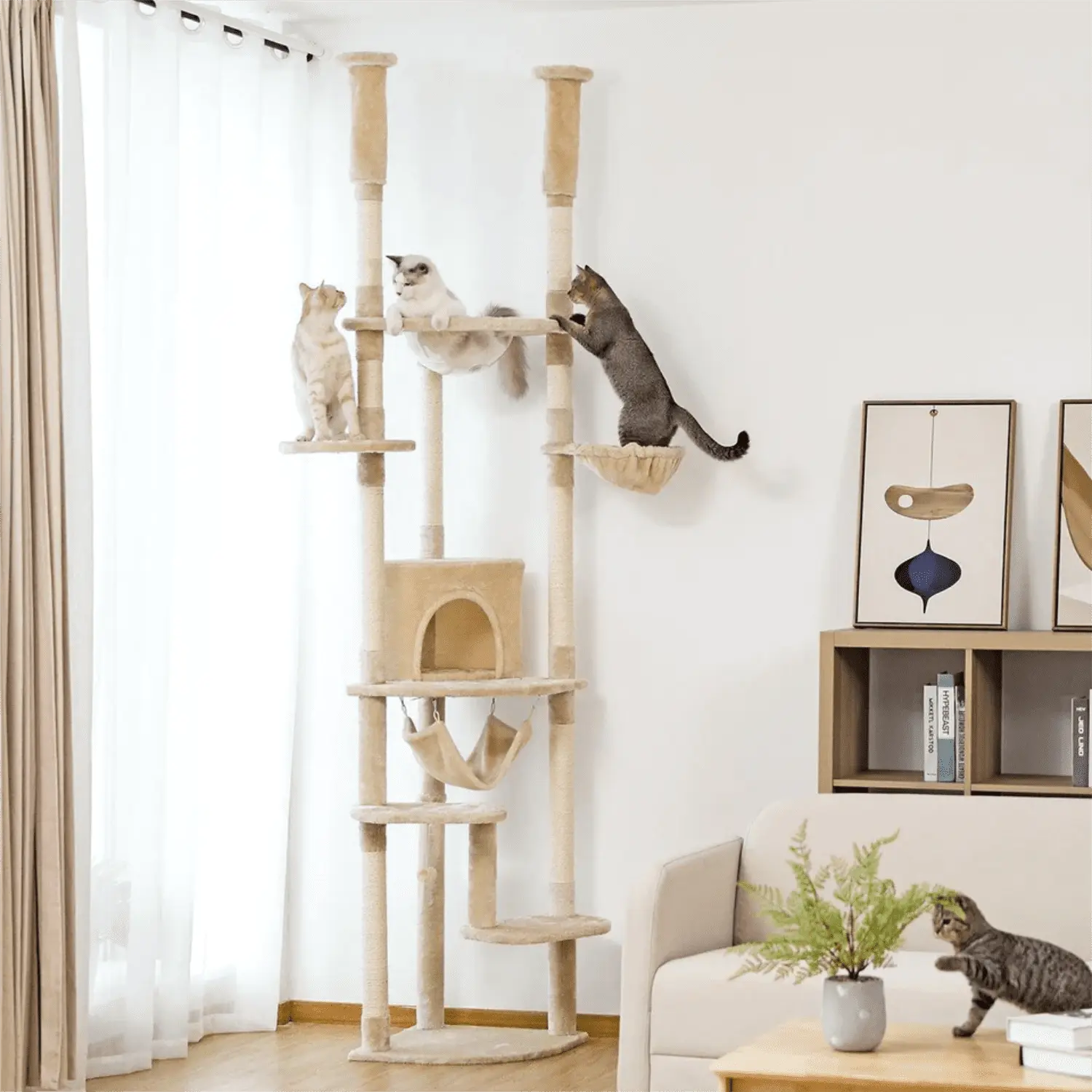 Pefilos Floor to Ceiling Cat Tree for Indoor 92.9-101.6 Height Adjustable Cat Tower Tall Kitty Climbing Play House with Scratching Posts. Cozy Cat Condo. Perches and Large Hammock. Gray