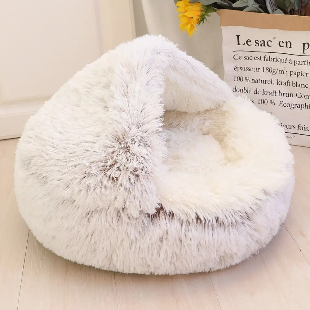 Pet Artist Dog Cave Bed Round Plush Cuddler Warm Cushion Igloo House Crate Cat Calming Bed