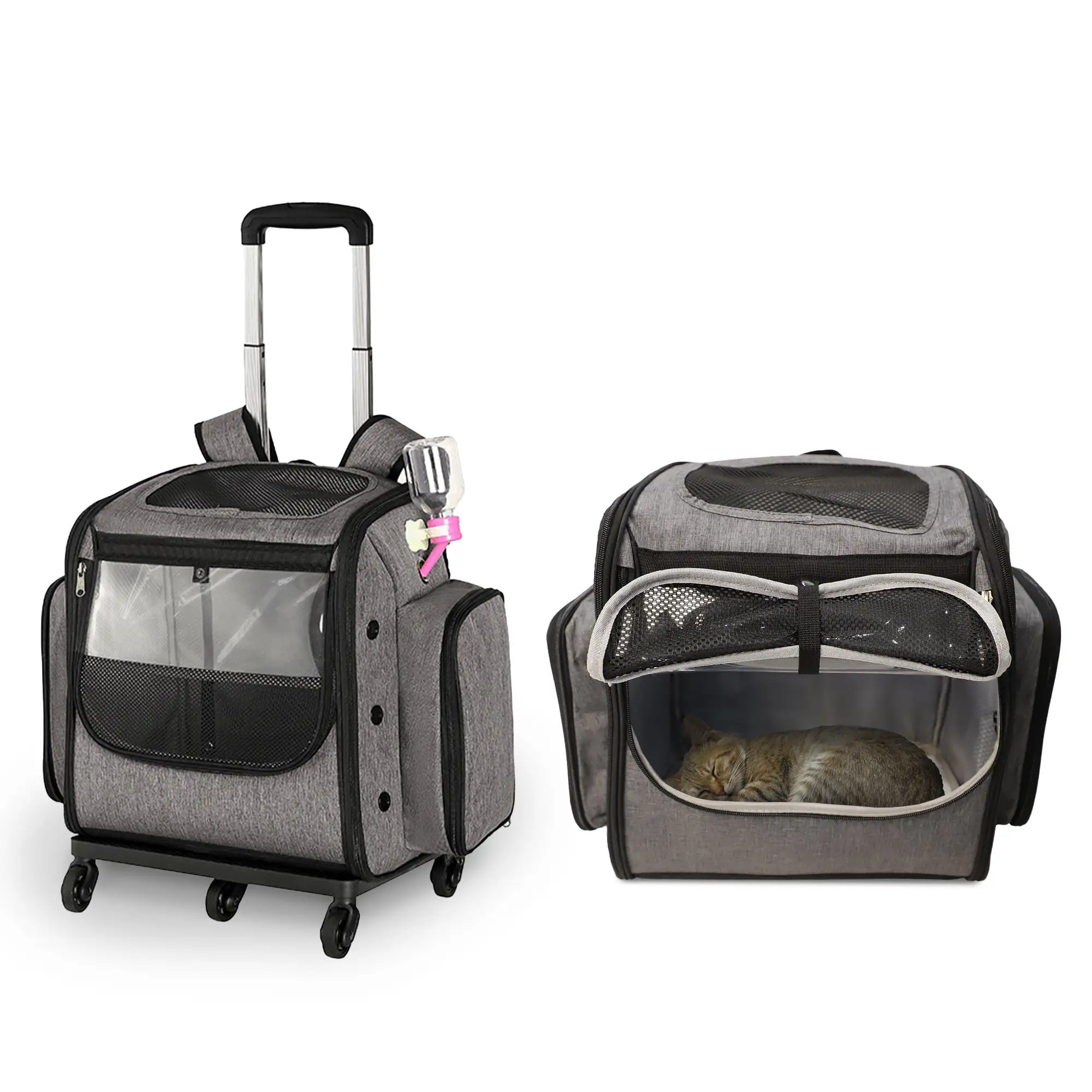 Pet Carrier Backpack. Airline Approved Pet Carrier with Removable Base. Telescopic Handle. Upgrade 5 Wheels. Safety Strap. Pet Travel Carrier Easy to Fold for Cats & Puppies.Grey