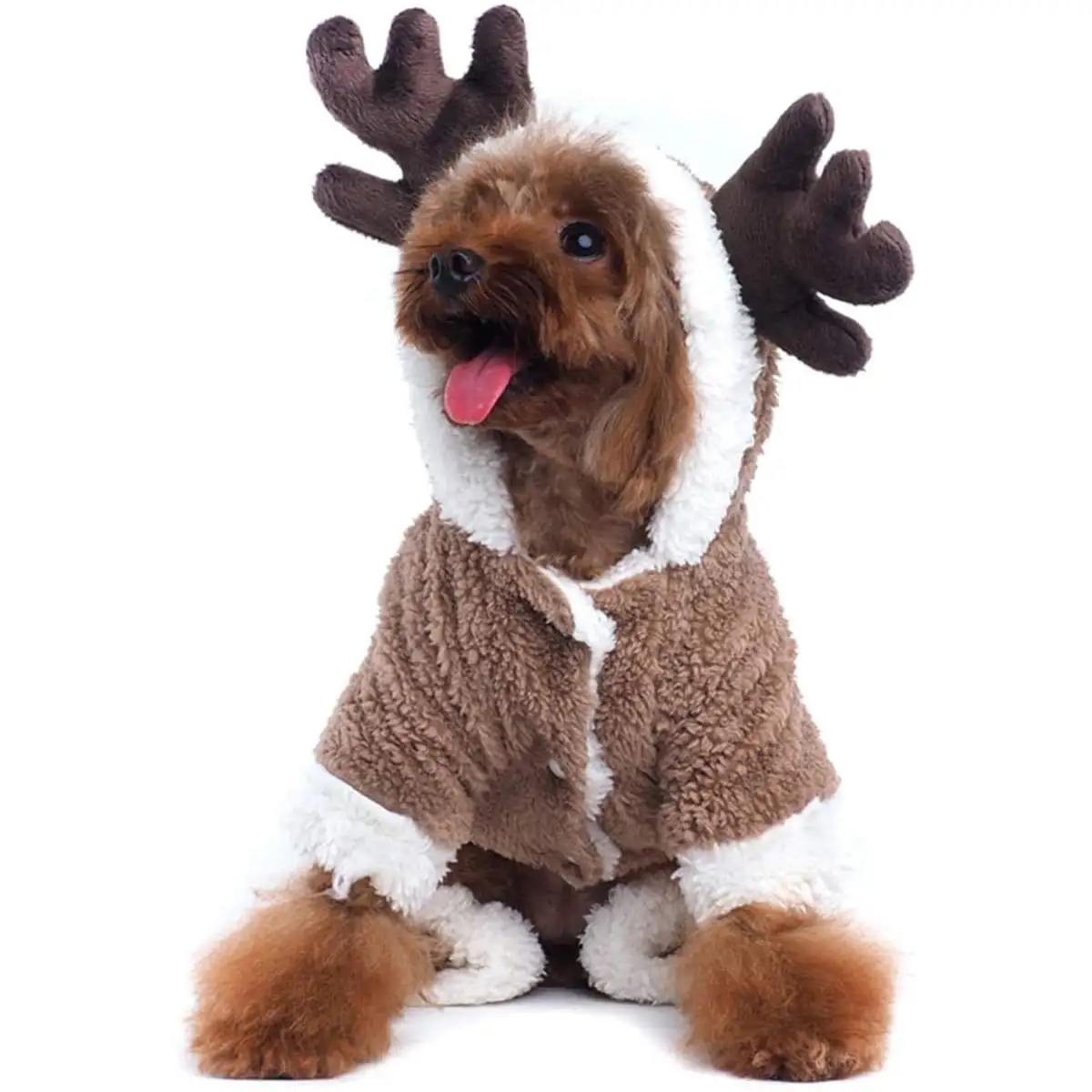 Pet Christmas Reindeer Costume Doggie/Cat Soft Comfy Coral Velvet Pajamas. Pet Warm Winter Hoodies Jumpsuits for Holiday Party(Brown) - S