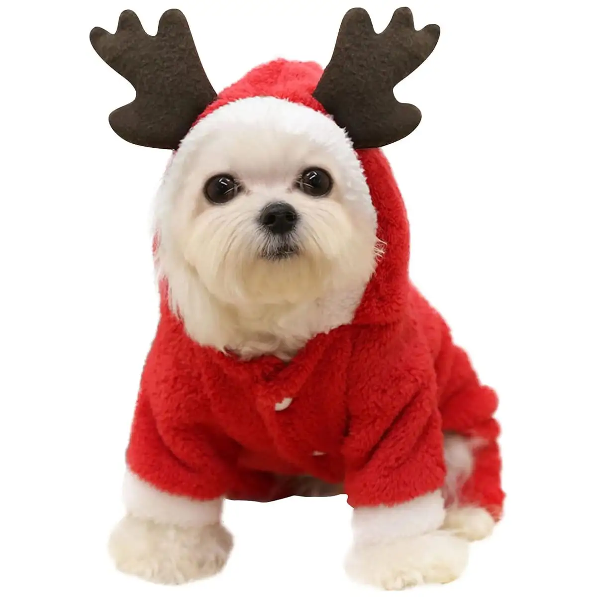 Pet Christmas Reindeer Costume Doggie/Cat Soft Comfy Coral Velvet Pajamas. Pet Warm Winter Hoodies Jumpsuits for Holiday Party(Red) - L