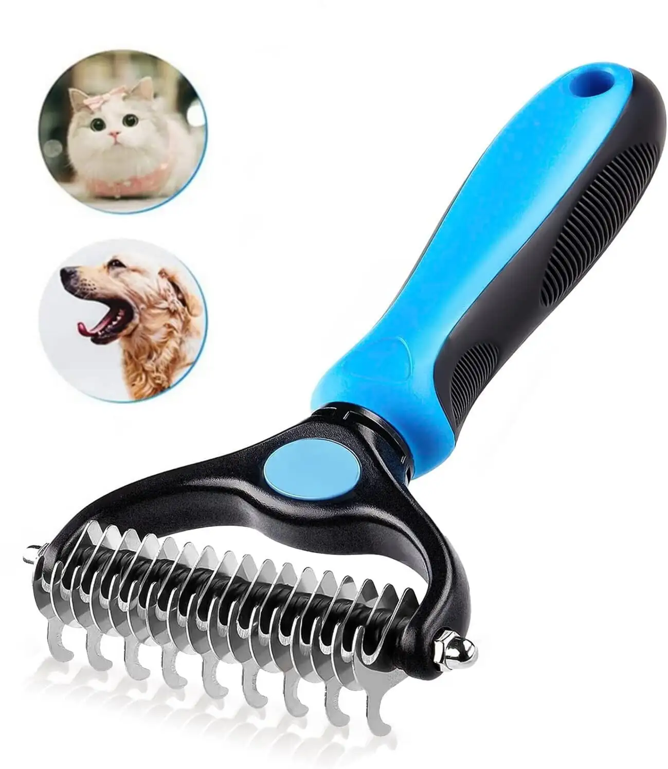 Pet Dematting Comb. Double Sided Dematting and Shedding Brush Undercoat Rake Comb for Dogs and Cats. Dedicated Pet Grooming Tools. Blue