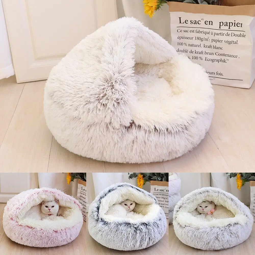 Pet Dog Cat Calming Bed for Indoor Cats Round Plush Kitten Warm Sleeping Nest Bed Cat Igloo Cave House