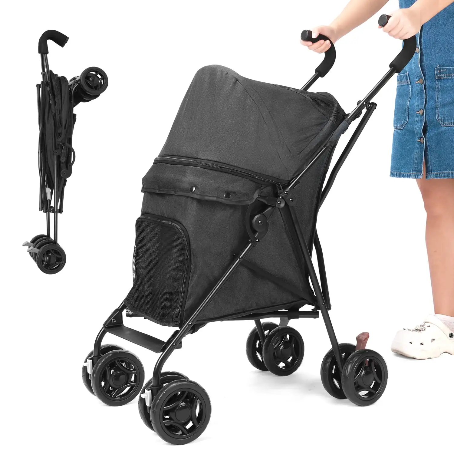 Pet Dog Stroller. Wedyvko 4 Wheels Foldable Dogs and Cat Strollers with Cup Holder for Small and Medium Cats. Dogs. Puppies (Black)