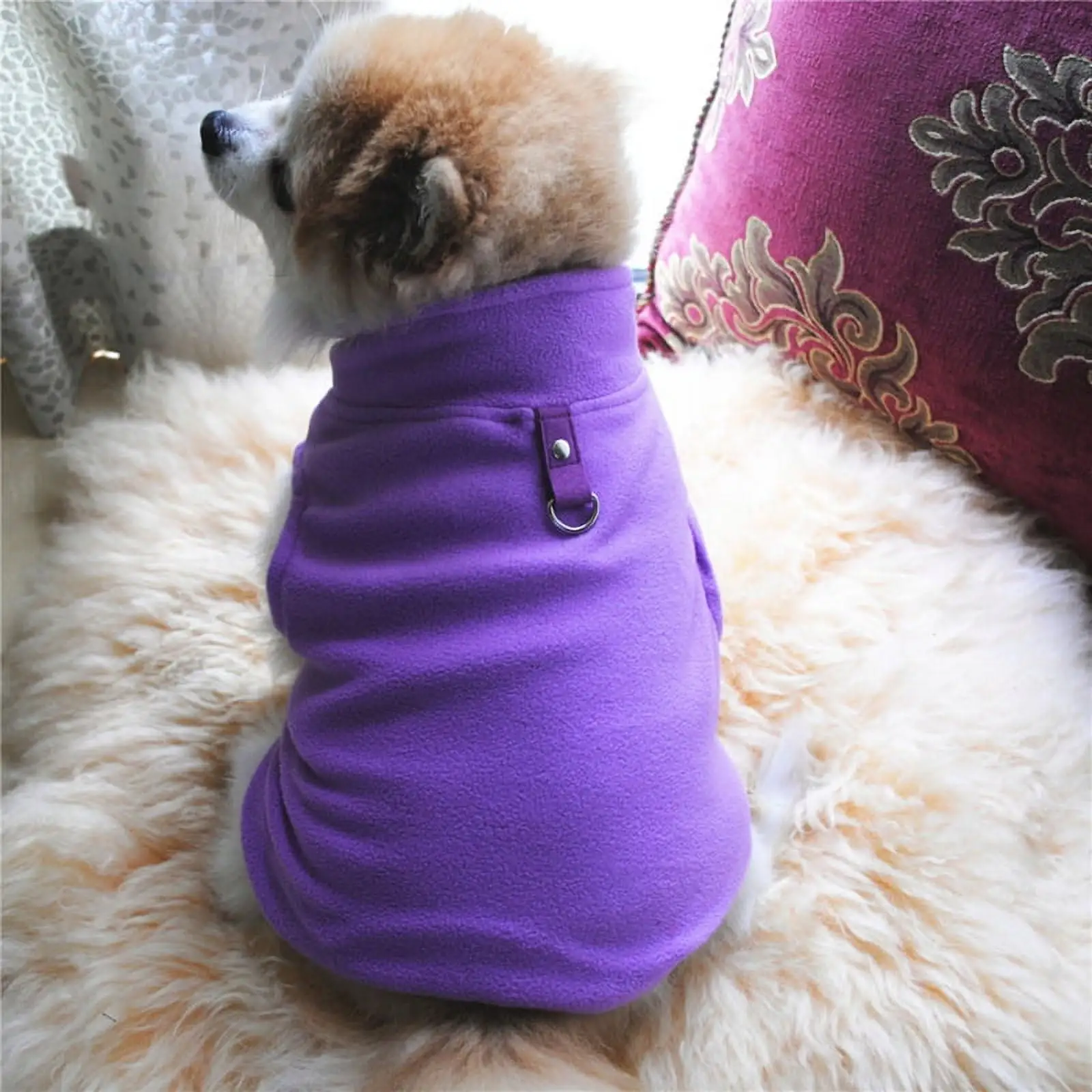 Pet Dogs Autumn Winter Fleece Vest Thickened Coat. Puppy Dogs Fleece Sweater. Warm Costume with Traction Ring for Pet Dog Cat.Purple.L