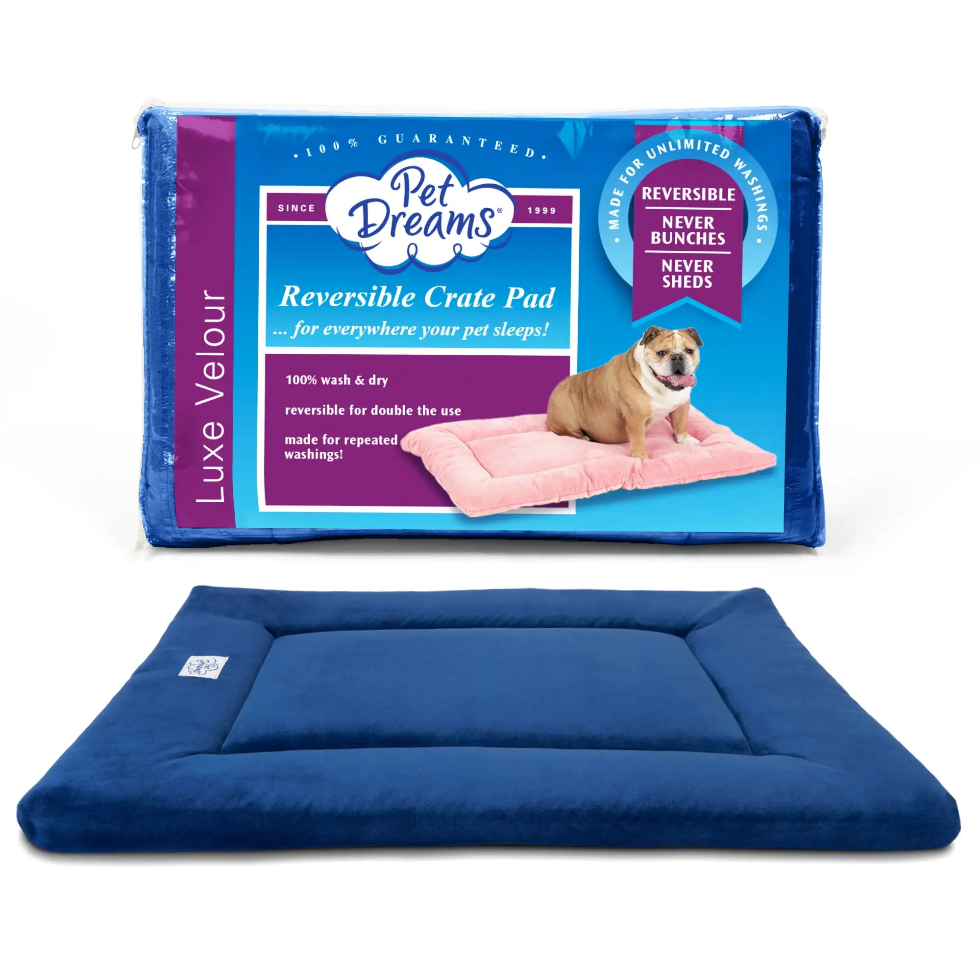 Pet Dreams Dog Crate Bed - Eco Friendly Bedding for Dogs. The Original Dog Crate Pad/Kennel Mat. Ultra Soft Dog Bed. Reversible Mats. Non Toxic Washable Dog Bed Blue. Medium 30 Inch Crate Pad