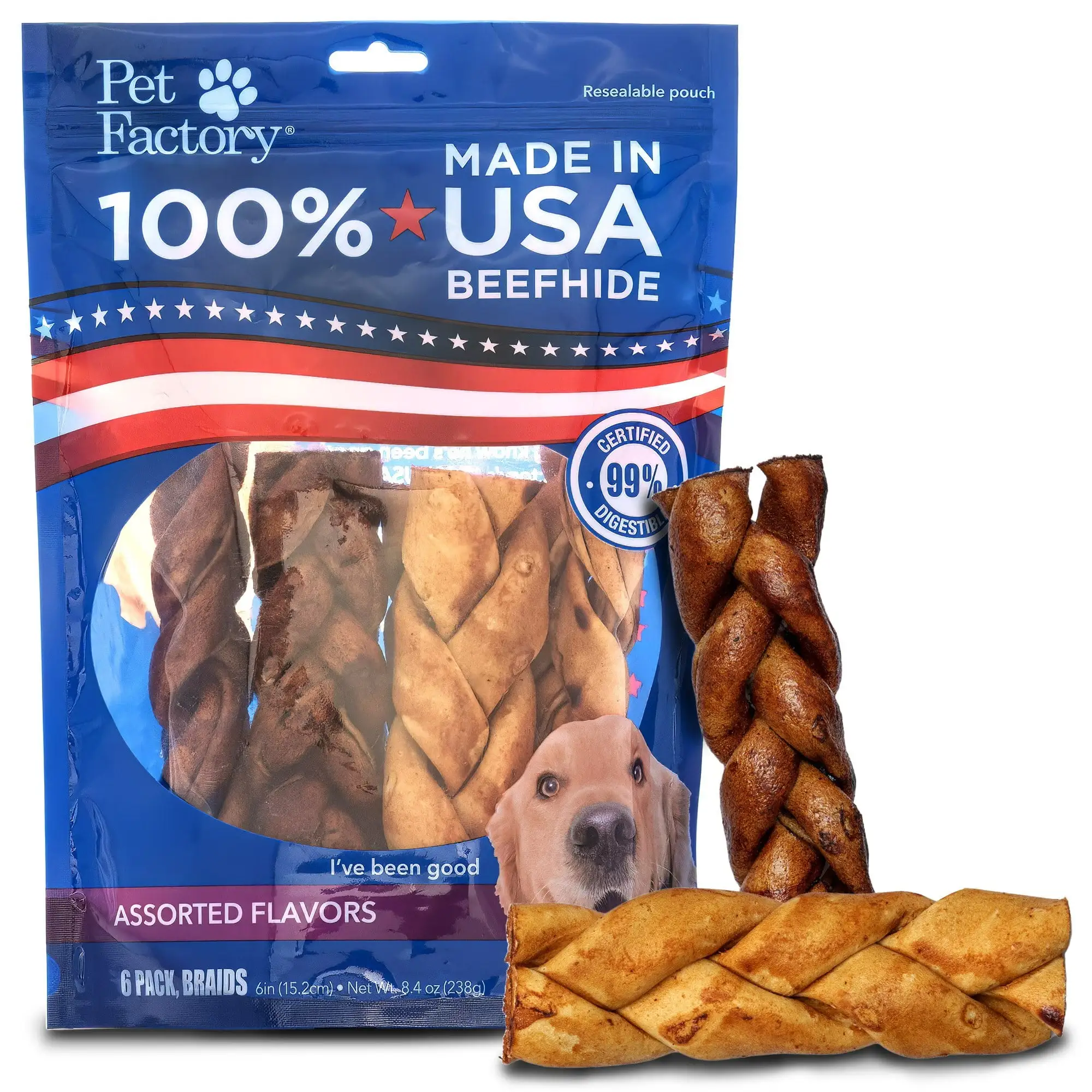 Pet Factory 100% Made in USA Beefhide 6 Braided Sticks Dog Chew Treats - Beef & Chicken Flavor. 6 Count/1 Pack Braid Sticks (6in) 8.4 Ounce (Pack of 1)