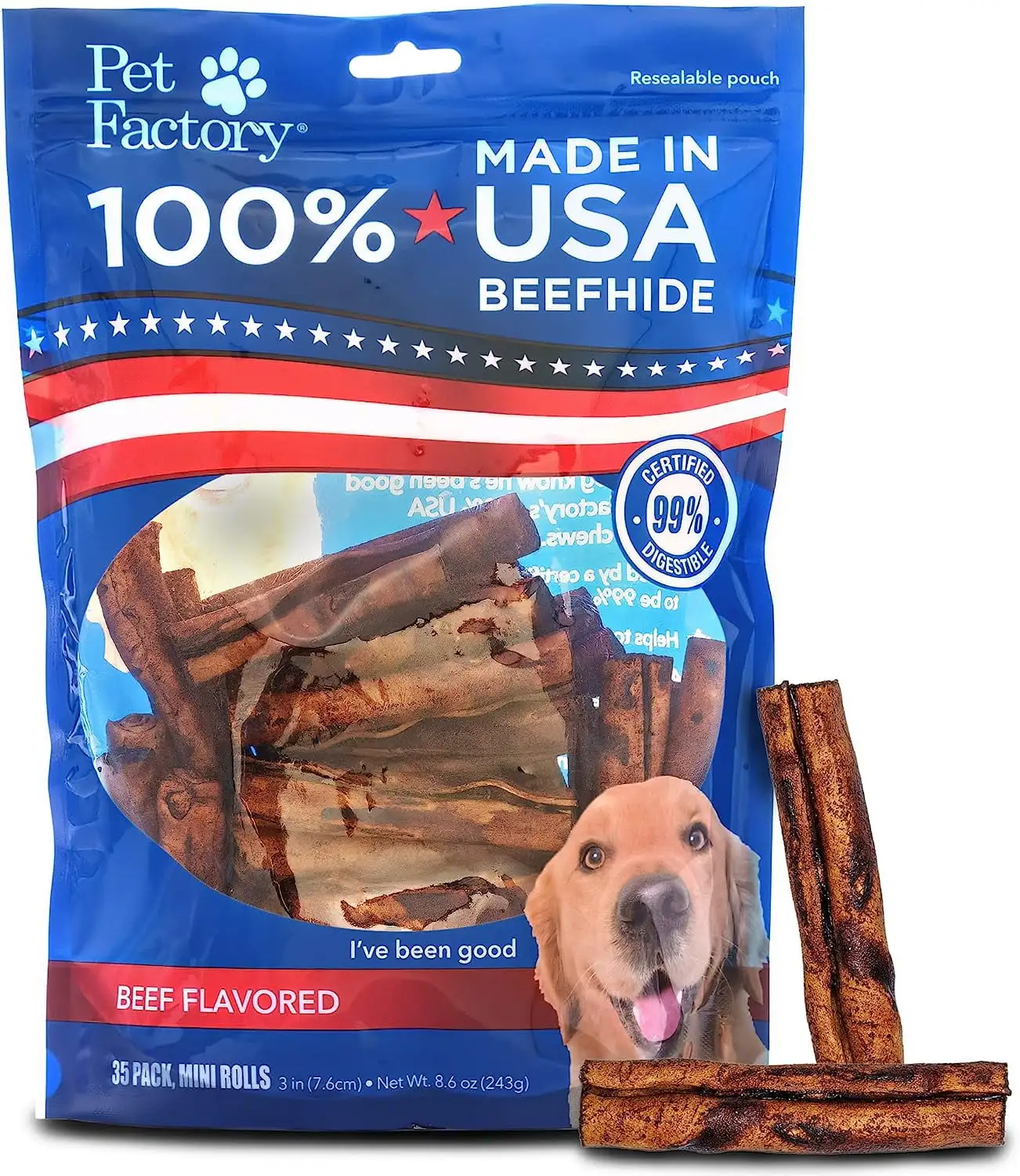 Pet Factory 100% Made in USA Beefhide 3-3.5 Mini Rolls Dog Chew Treats - Beef Flavor. 35 Count