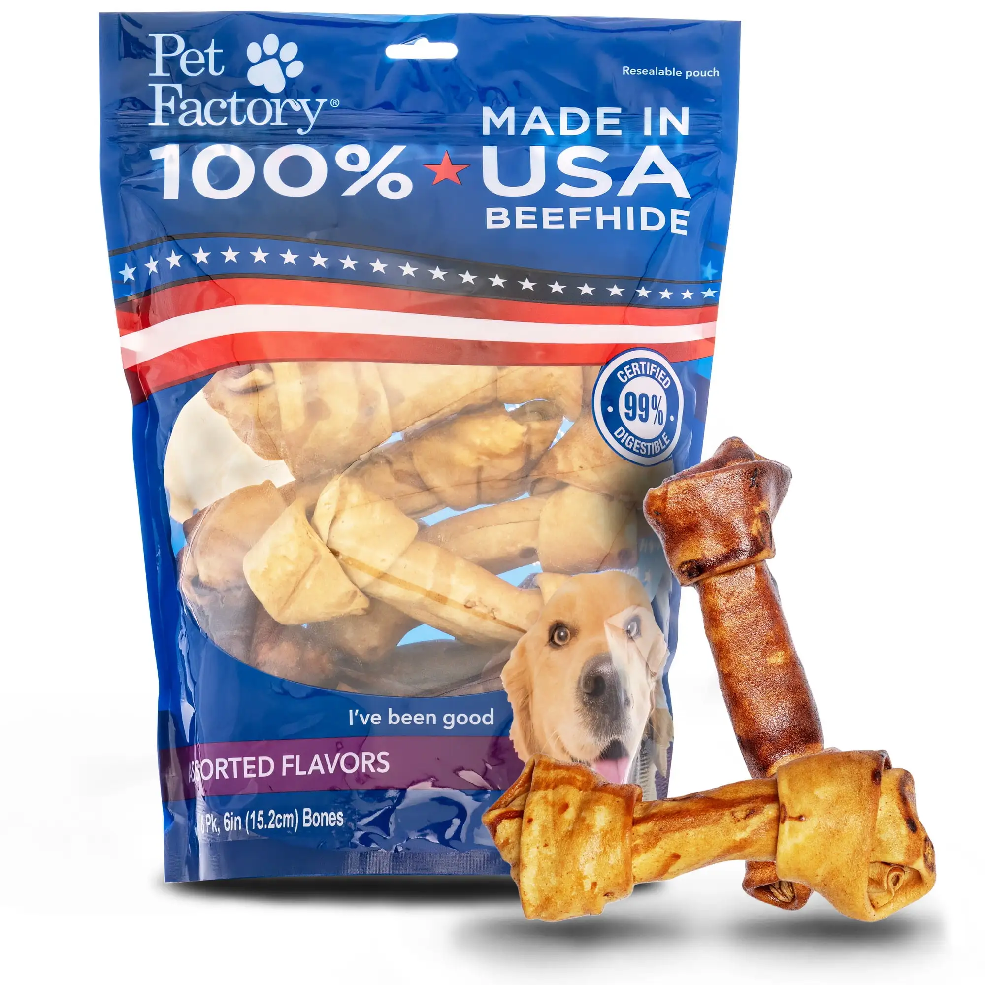 Pet Factory 100% Made in USA Beefhide 6-7 Knotted Bones Dog Chew Treats - Beef & Chicken Flavor. 8 Count