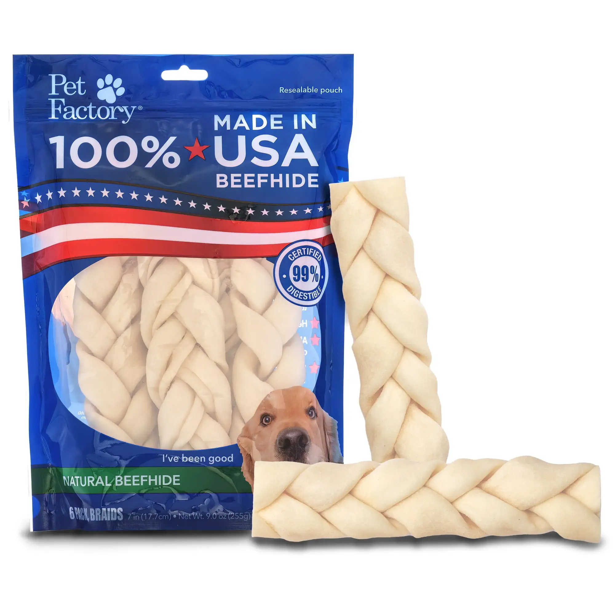 Pet Factory 100% Made in USA Beefhide 7 Braided Sticks Dog Chew Treats - Natural Flavor. 6 Count/1 Pack